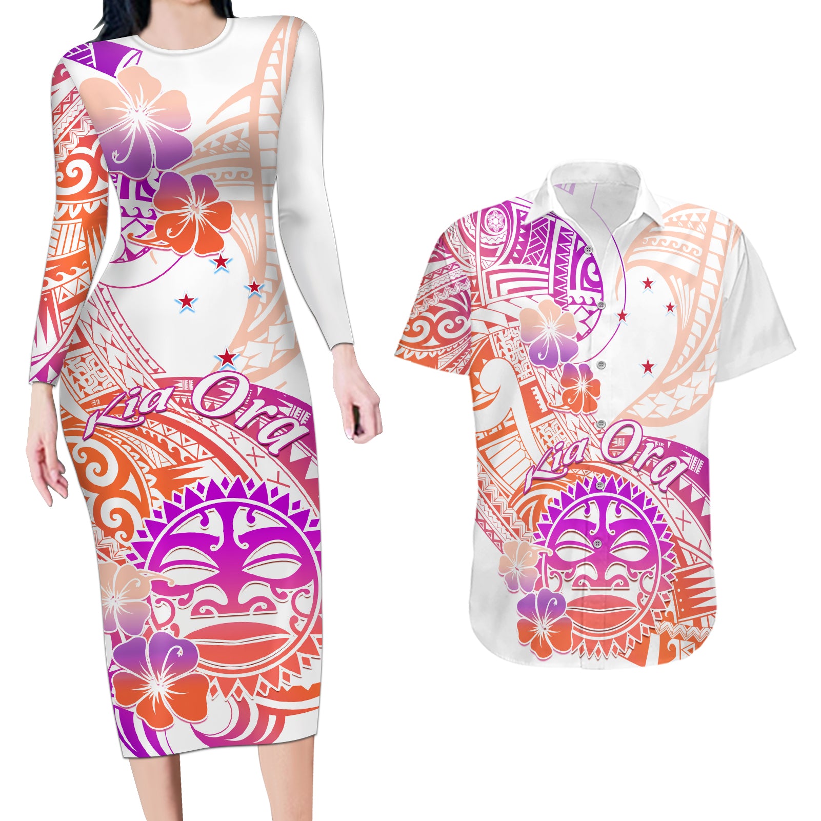 Kia Ora Maori New Zealand Pastel Couples Matching Long Sleeve Bodycon Dress and Hawaiian Shirt Sun Ta Moko Sunset Version LT01 Orange - Polynesian Pride