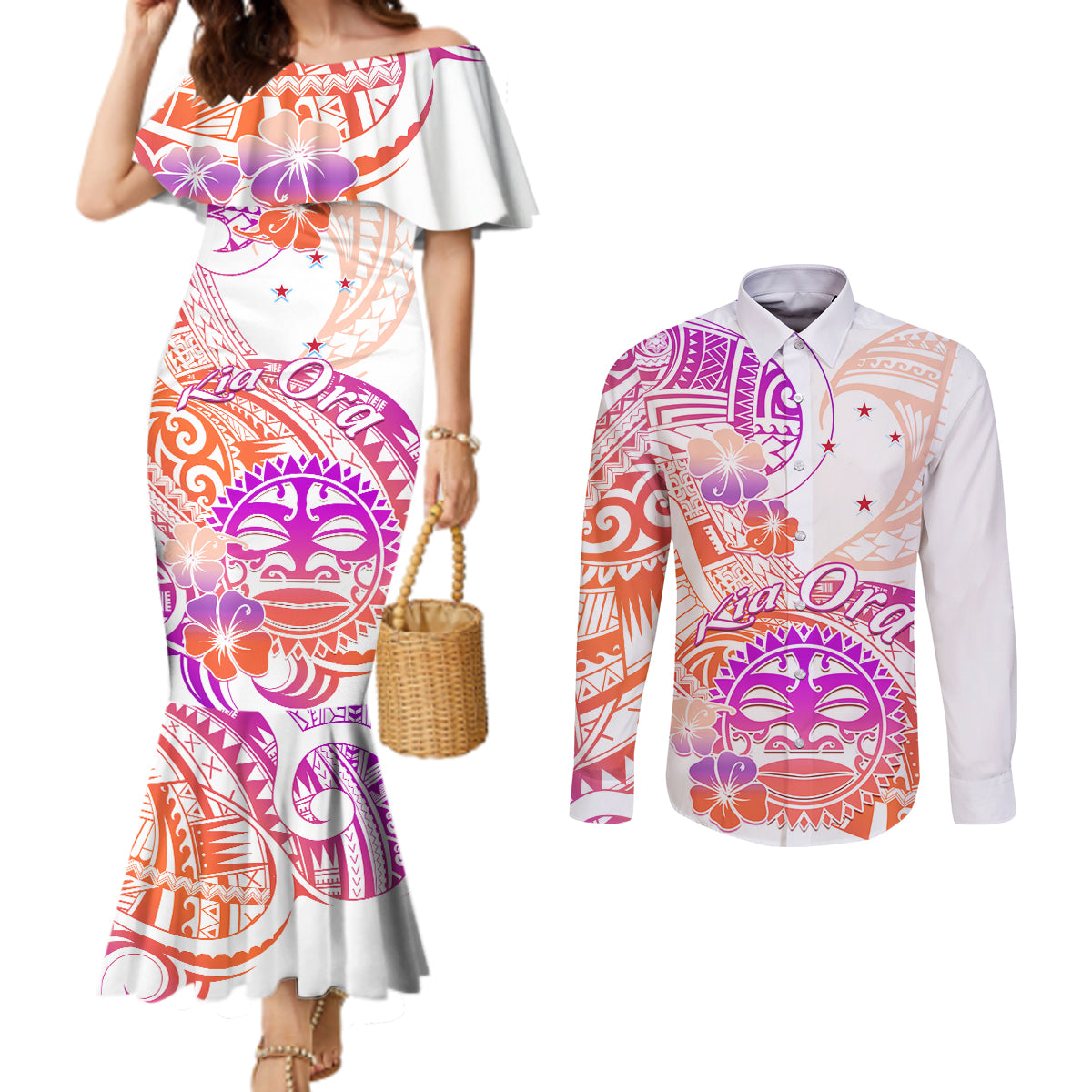 Kia Ora Maori New Zealand Pastel Couples Matching Mermaid Dress and Long Sleeve Button Shirt Sun Ta Moko Sunset Version LT01 Orange - Polynesian Pride