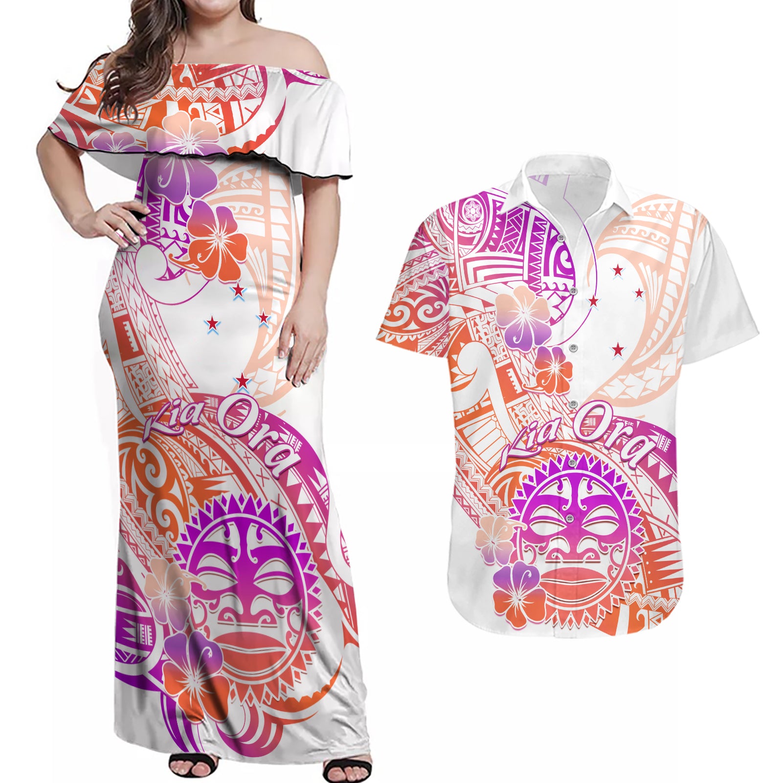 Kia Ora Maori New Zealand Pastel Couples Matching Off Shoulder Maxi Dress and Hawaiian Shirt Sun Ta Moko Sunset Version LT01 Orange - Polynesian Pride