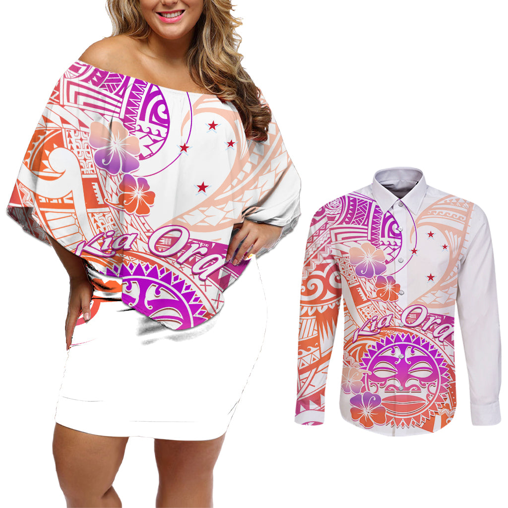 Kia Ora Maori New Zealand Pastel Couples Matching Off Shoulder Short Dress and Long Sleeve Button Shirt Sun Ta Moko Sunset Version LT01 Orange - Polynesian Pride