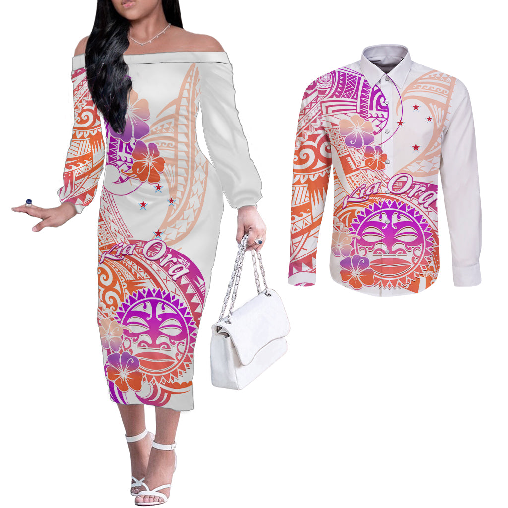 Kia Ora Maori New Zealand Pastel Couples Matching Off The Shoulder Long Sleeve Dress and Long Sleeve Button Shirt Sun Ta Moko Sunset Version LT01 Orange - Polynesian Pride