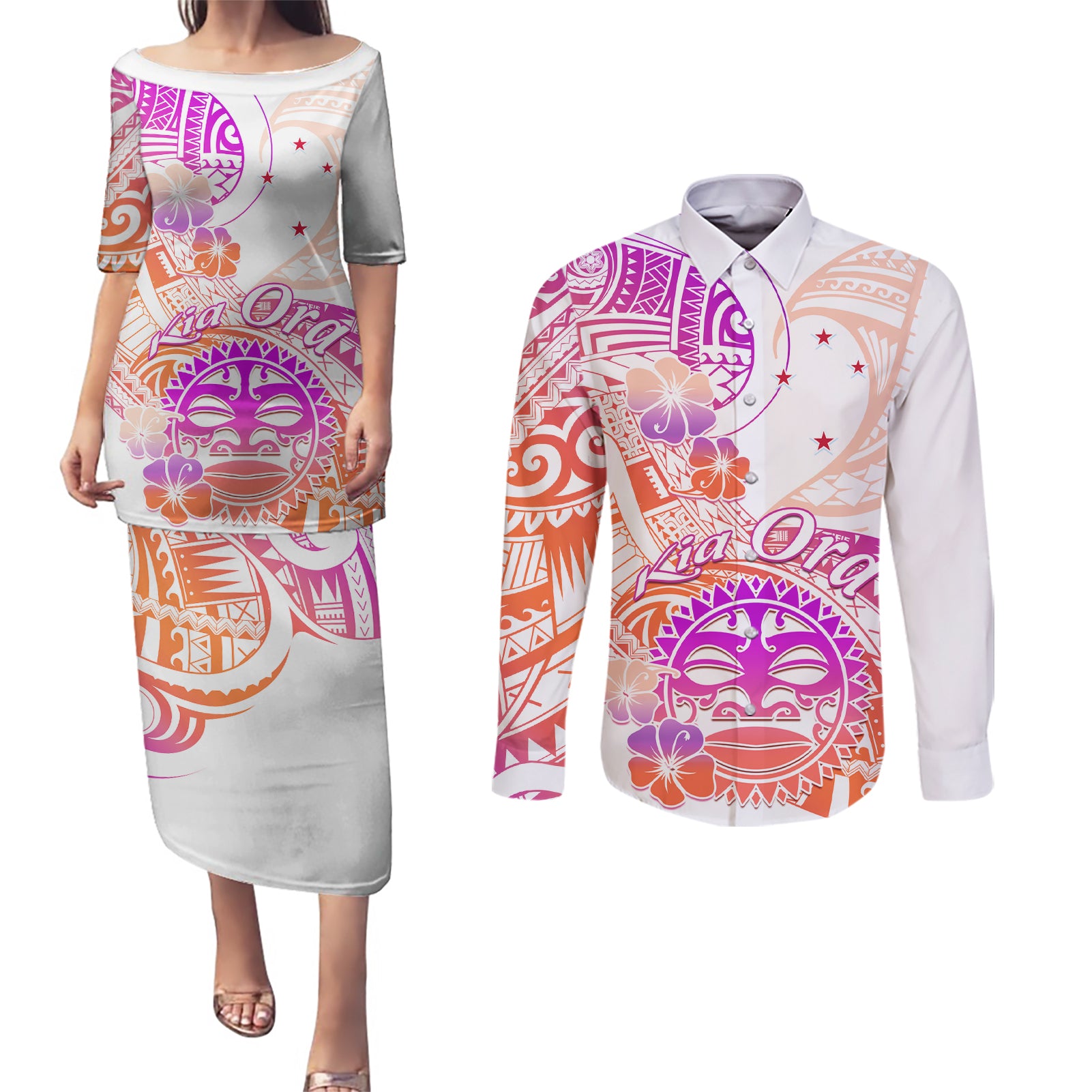 Kia Ora Maori New Zealand Pastel Couples Matching Puletasi Dress and Long Sleeve Button Shirt Sun Ta Moko Sunset Version LT01 Orange - Polynesian Pride