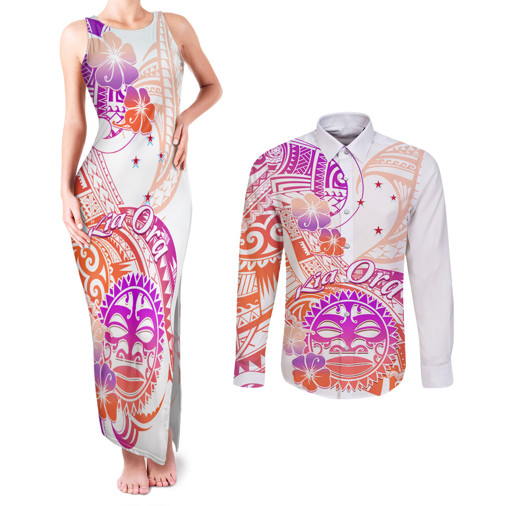 Kia Ora Maori New Zealand Pastel Couples Matching Tank Maxi Dress and Long Sleeve Button Shirt Sun Ta Moko Sunset Version LT01 Orange - Polynesian Pride