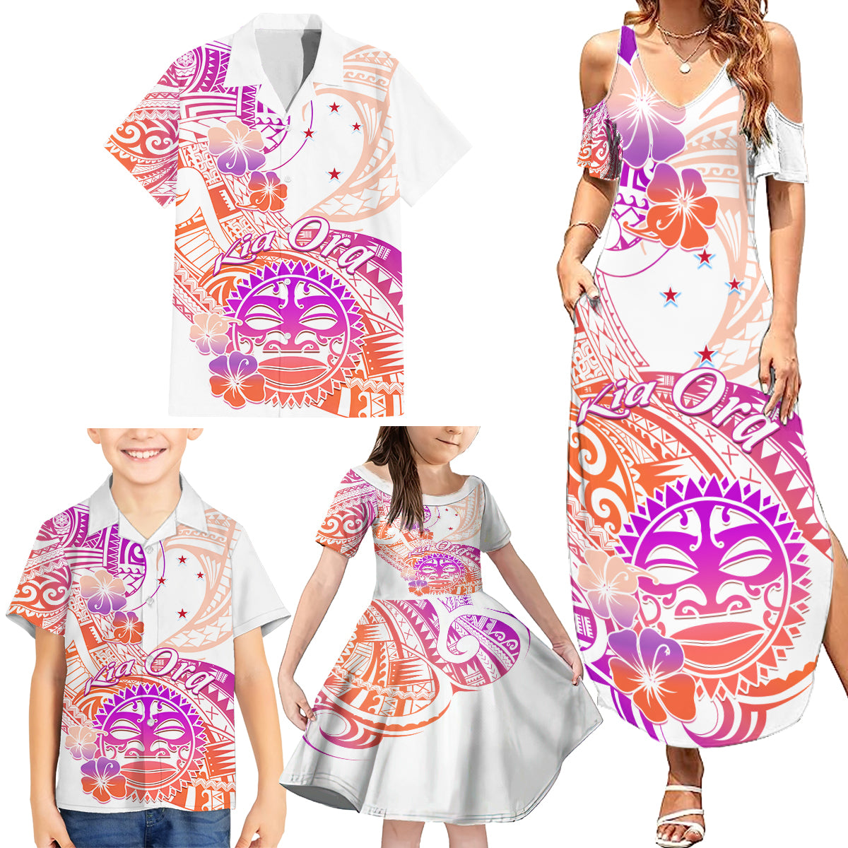 Kia Ora Maori New Zealand Pastel Family Matching Summer Maxi Dress and Hawaiian Shirt Sun Ta Moko Sunset Version LT01 - Polynesian Pride