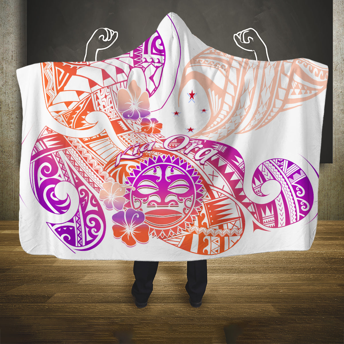 Kia Ora Maori New Zealand Pastel Hooded Blanket Sun Ta Moko Sunset Version LT01 One Size Orange - Polynesian Pride