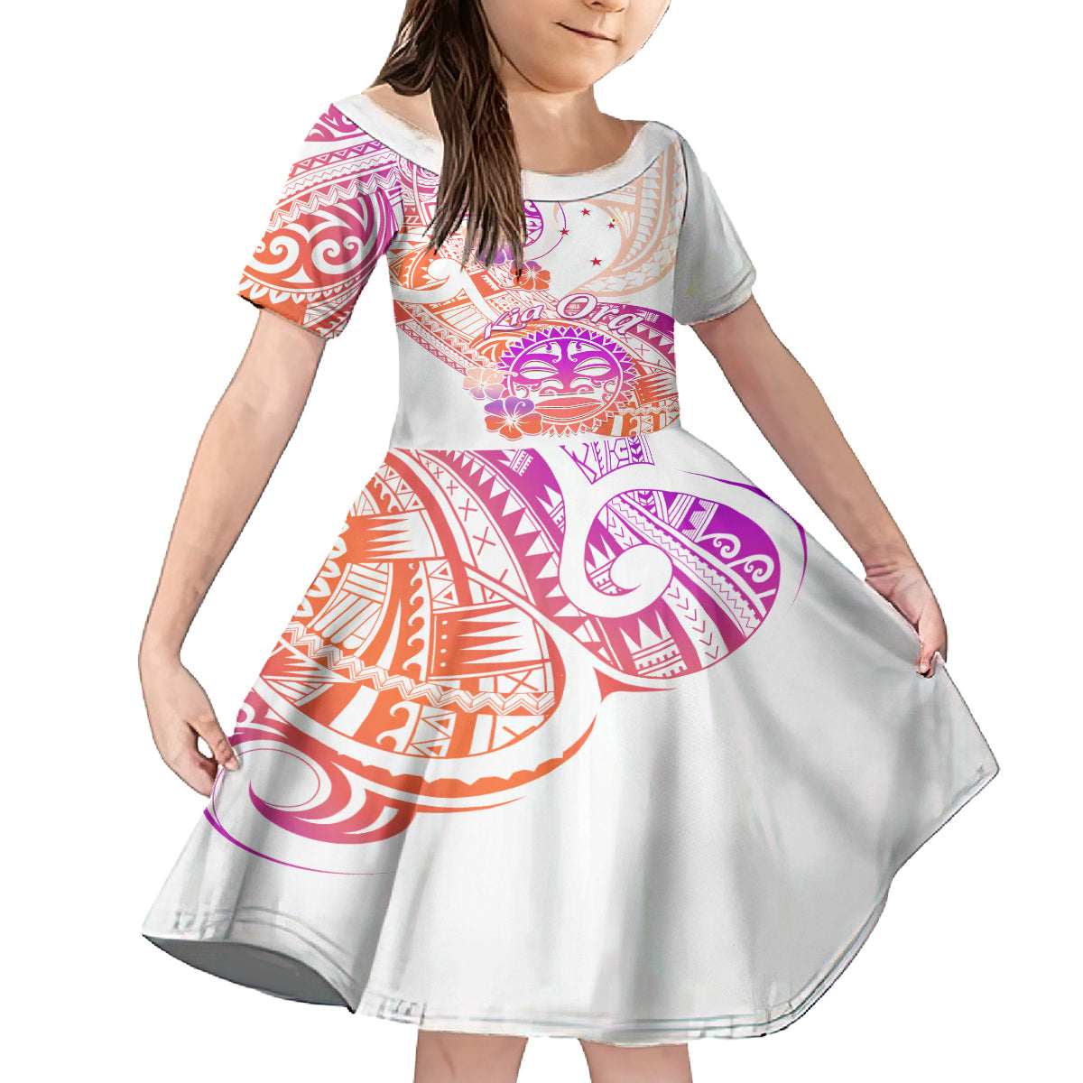 Kia Ora Maori New Zealand Pastel Kid Short Sleeve Dress Sun Ta Moko Sunset Version LT01 KID Orange - Polynesian Pride