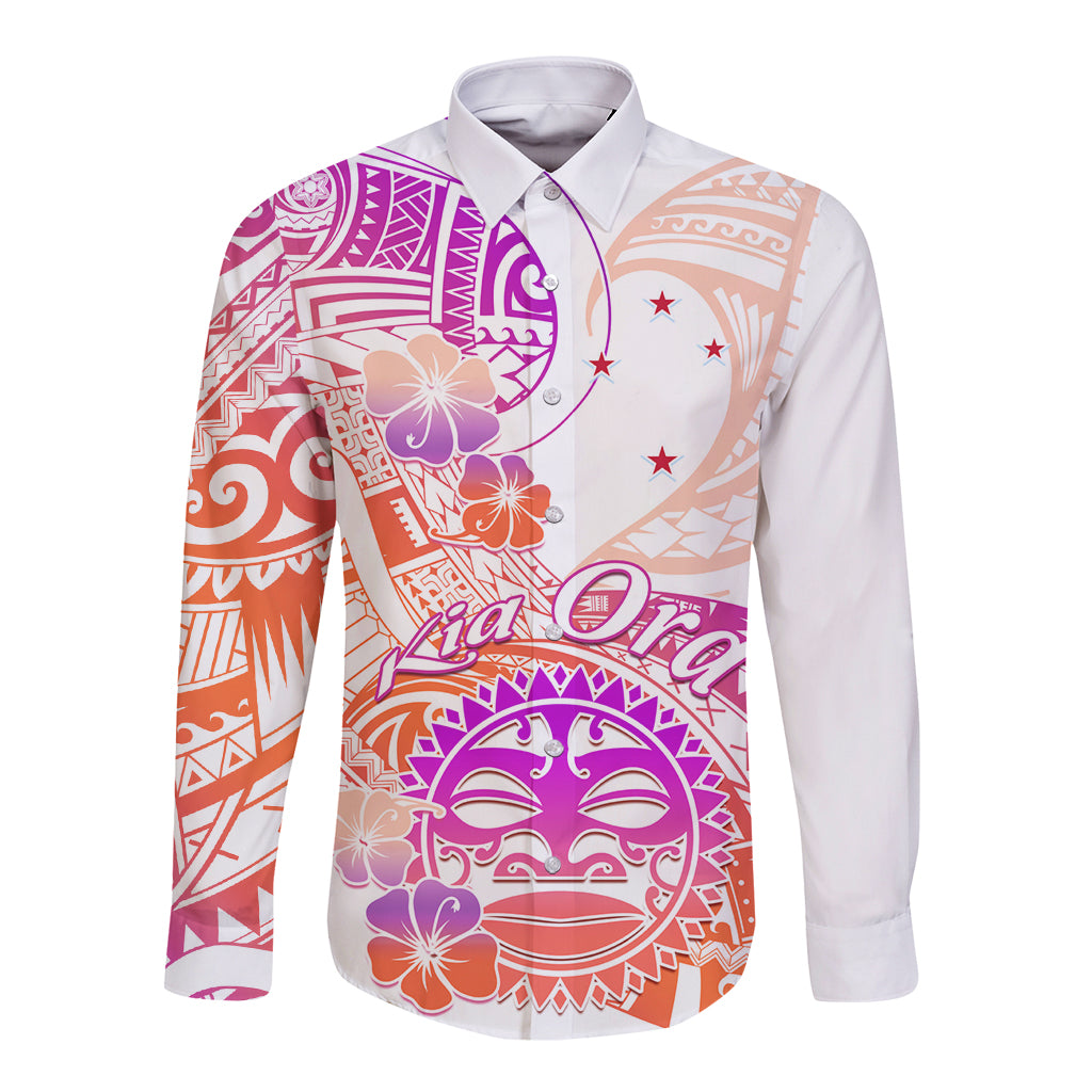 Kia Ora Maori New Zealand Pastel Long Sleeve Button Shirt Sun Ta Moko Sunset Version LT01 Unisex Orange - Polynesian Pride