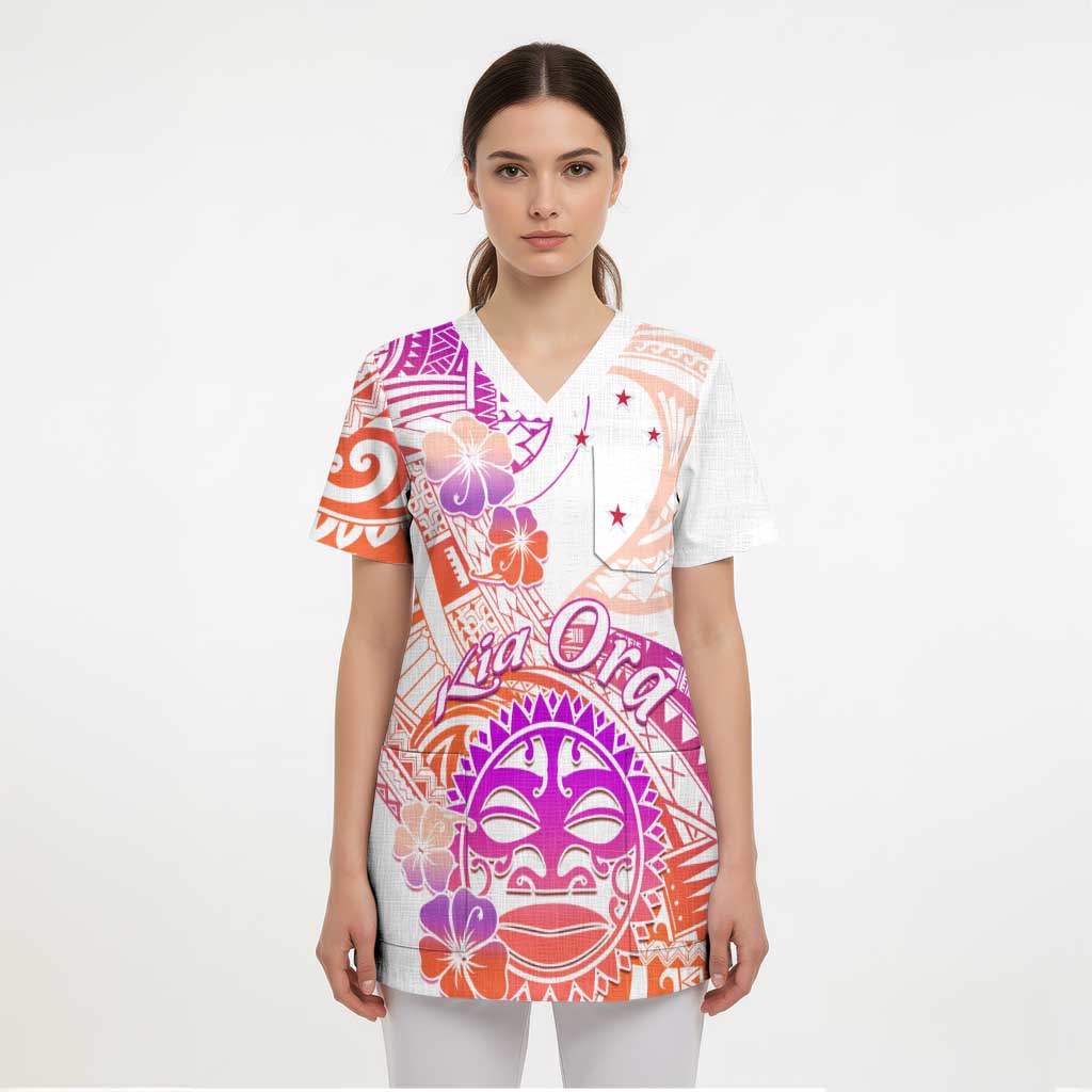 Kia Ora Maori New Zealand Pastel Scrub Top Sun Ta Moko Sunset Version - Polynesian Pride