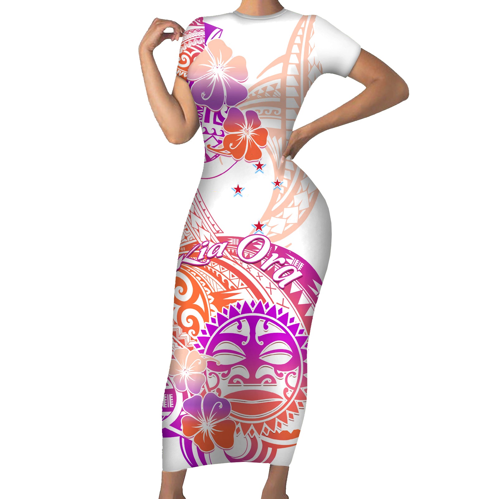 Kia Ora Maori New Zealand Pastel Short Sleeve Bodycon Dress Sun Ta Moko Sunset Version LT01 Long Dress Orange - Polynesian Pride