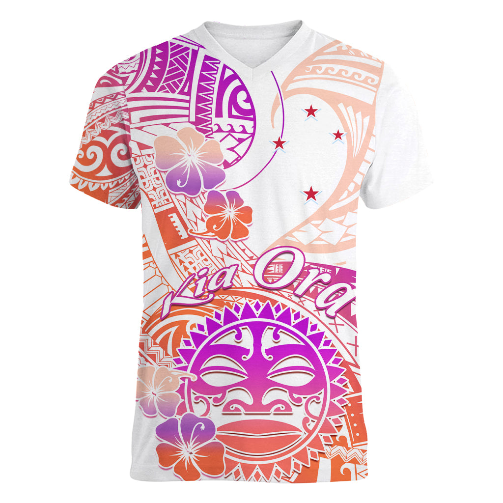 Kia Ora Maori New Zealand Pastel Women V Neck T Shirt Sun Ta Moko Sunset Version LT01 Female Orange - Polynesian Pride