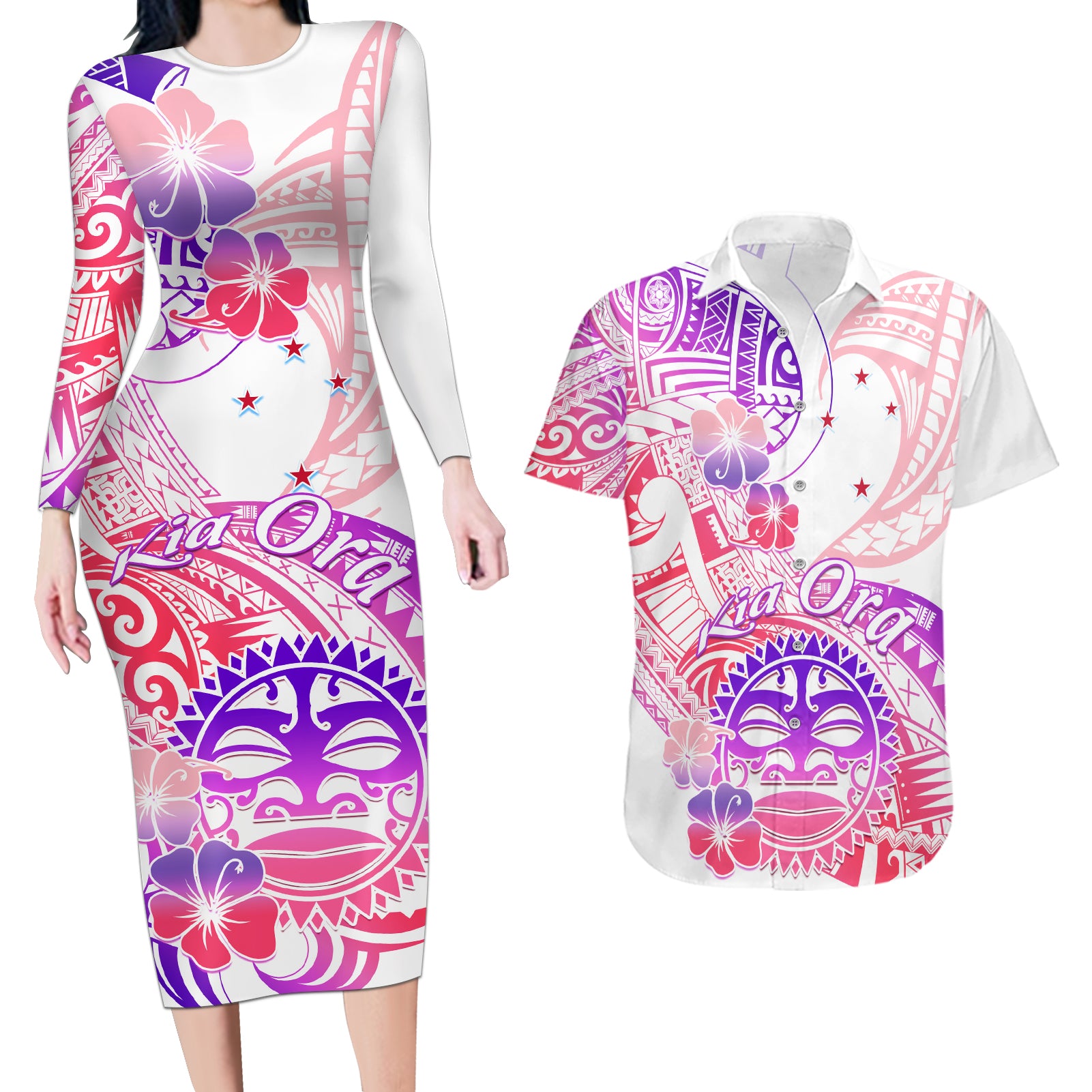 Kia Ora Maori New Zealand Pastel Couples Matching Long Sleeve Bodycon Dress and Hawaiian Shirt Sun Ta Moko Sweet Version LT01 Pink - Polynesian Pride