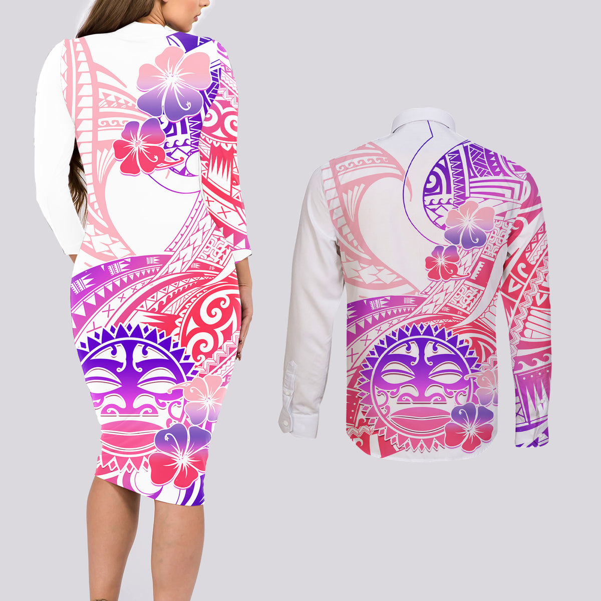 Kia Ora Maori New Zealand Pastel Couples Matching Long Sleeve Bodycon Dress and Long Sleeve Button Shirt Sun Ta Moko Sweet Version LT01 - Polynesian Pride