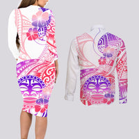 Kia Ora Maori New Zealand Pastel Couples Matching Long Sleeve Bodycon Dress and Long Sleeve Button Shirt Sun Ta Moko Sweet Version LT01 - Polynesian Pride