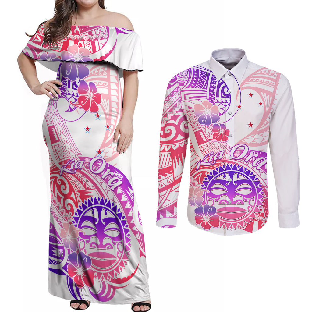 Kia Ora Maori New Zealand Pastel Couples Matching Off Shoulder Maxi Dress and Long Sleeve Button Shirt Sun Ta Moko Sweet Version LT01 Pink - Polynesian Pride