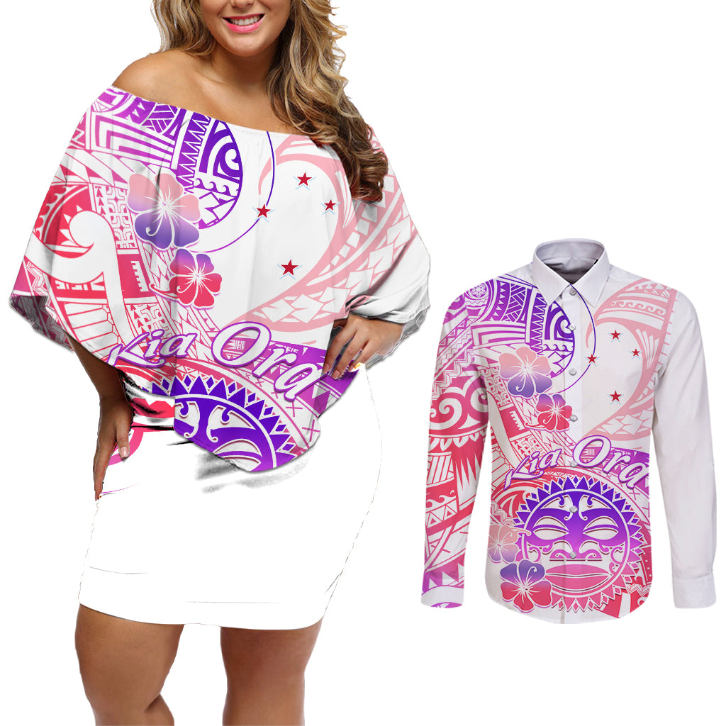 Kia Ora Maori New Zealand Pastel Couples Matching Off Shoulder Short Dress and Long Sleeve Button Shirt Sun Ta Moko Sweet Version LT01 Pink - Polynesian Pride