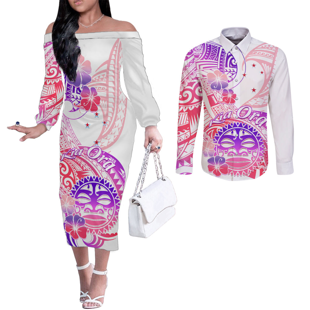 Kia Ora Maori New Zealand Pastel Couples Matching Off The Shoulder Long Sleeve Dress and Long Sleeve Button Shirt Sun Ta Moko Sweet Version LT01 Pink - Polynesian Pride