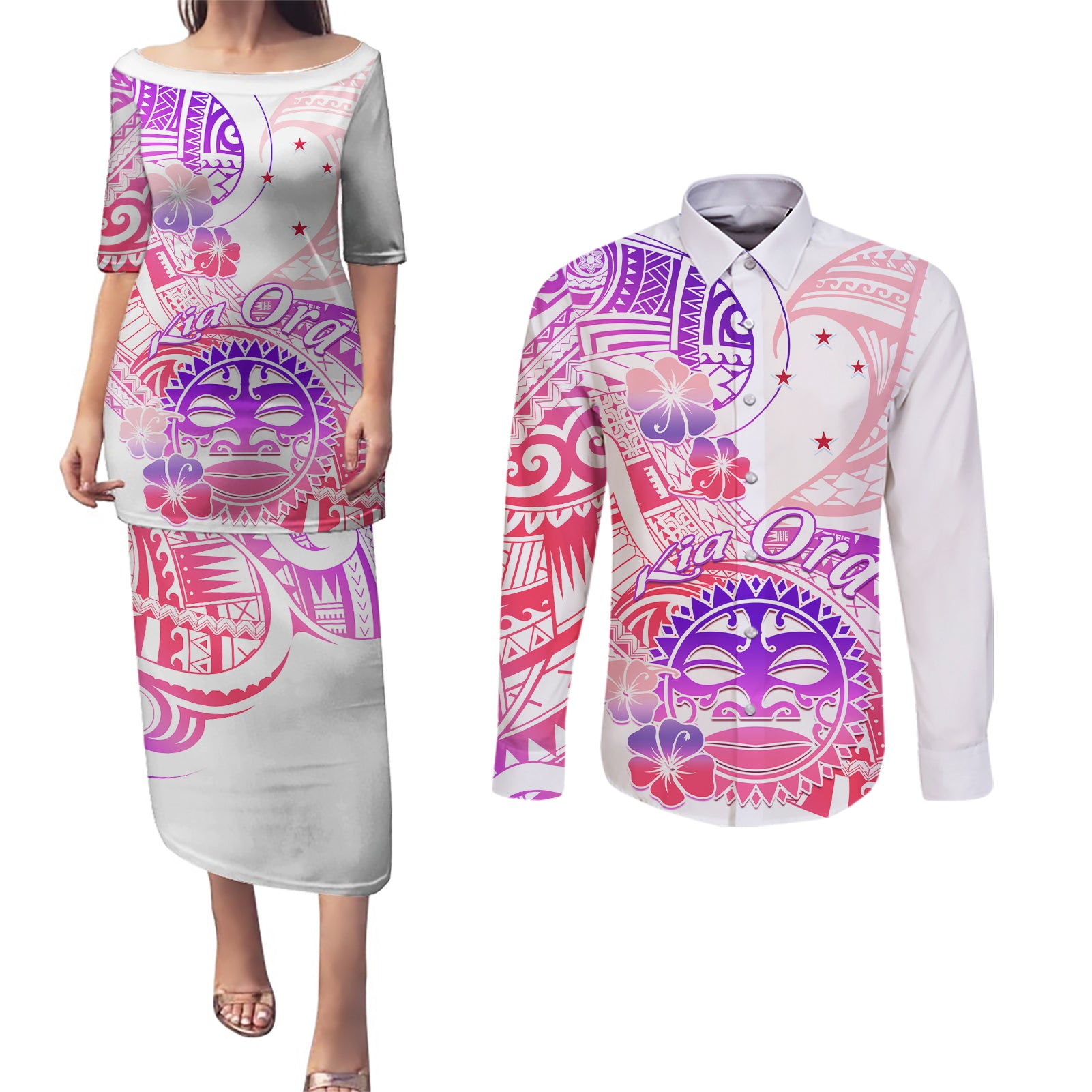 Kia Ora Maori New Zealand Pastel Couples Matching Puletasi Dress and Long Sleeve Button Shirt Sun Ta Moko Sweet Version LT01 Pink - Polynesian Pride