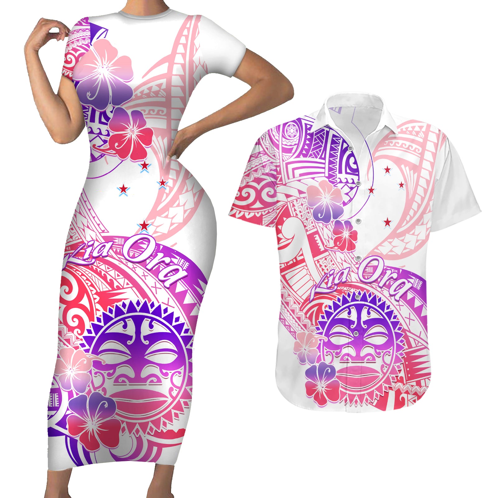 Kia Ora Maori New Zealand Pastel Couples Matching Short Sleeve Bodycon Dress and Hawaiian Shirt Sun Ta Moko Sweet Version LT01 Pink - Polynesian Pride