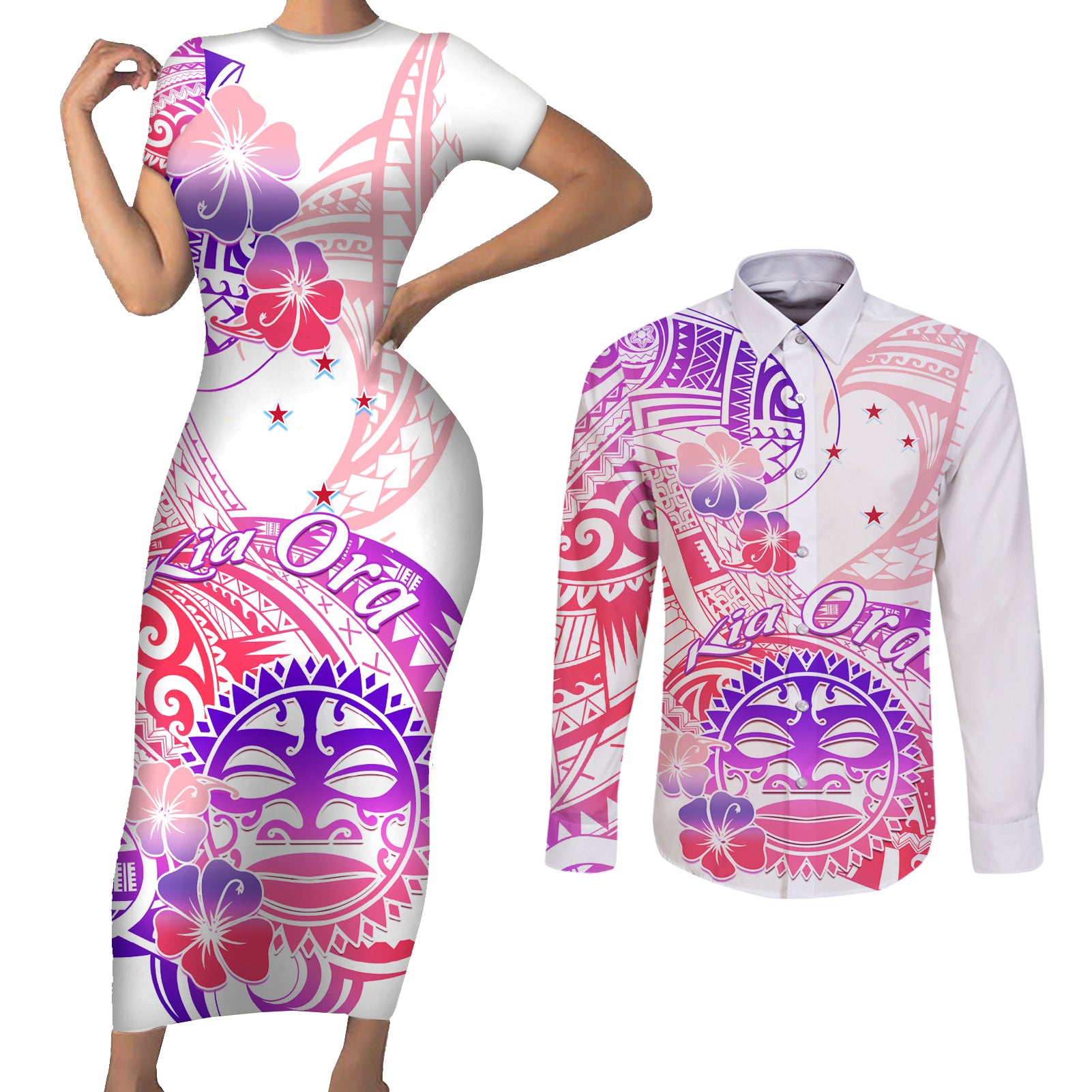 Kia Ora Maori New Zealand Pastel Couples Matching Short Sleeve Bodycon Dress and Long Sleeve Button Shirt Sun Ta Moko Sweet Version LT01 Pink - Polynesian Pride