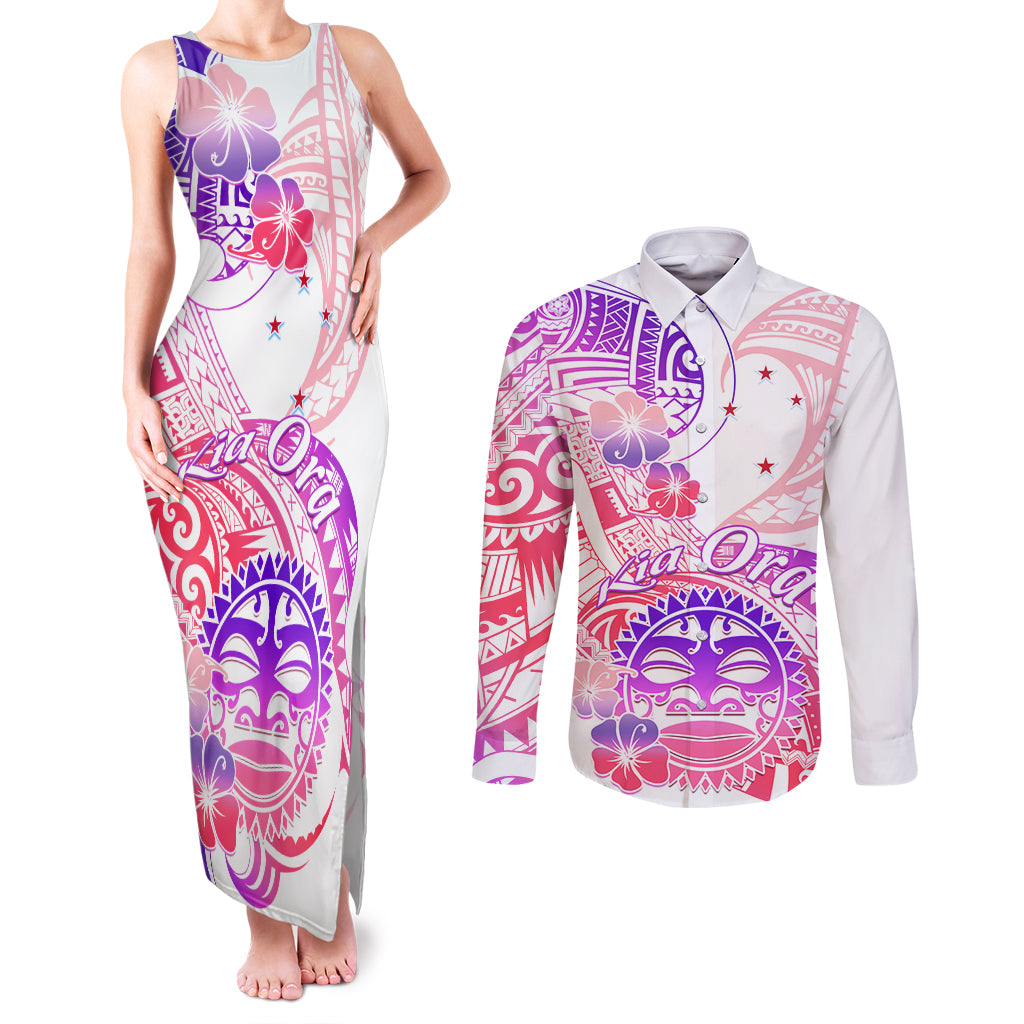 Kia Ora Maori New Zealand Pastel Couples Matching Tank Maxi Dress and Long Sleeve Button Shirt Sun Ta Moko Sweet Version LT01 Pink - Polynesian Pride