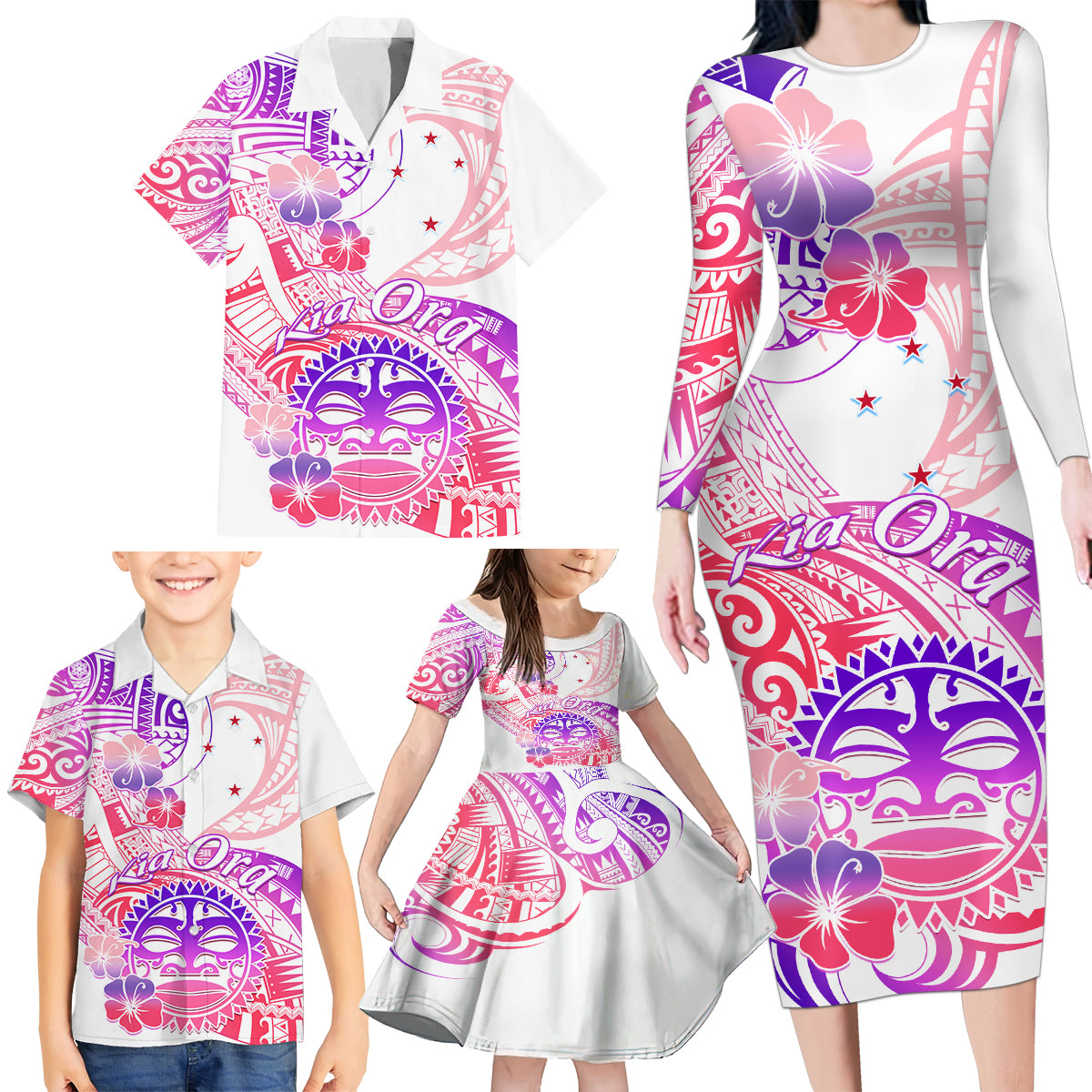 Kia Ora Maori New Zealand Pastel Family Matching Long Sleeve Bodycon Dress and Hawaiian Shirt Sun Ta Moko Sweet Version LT01 - Polynesian Pride