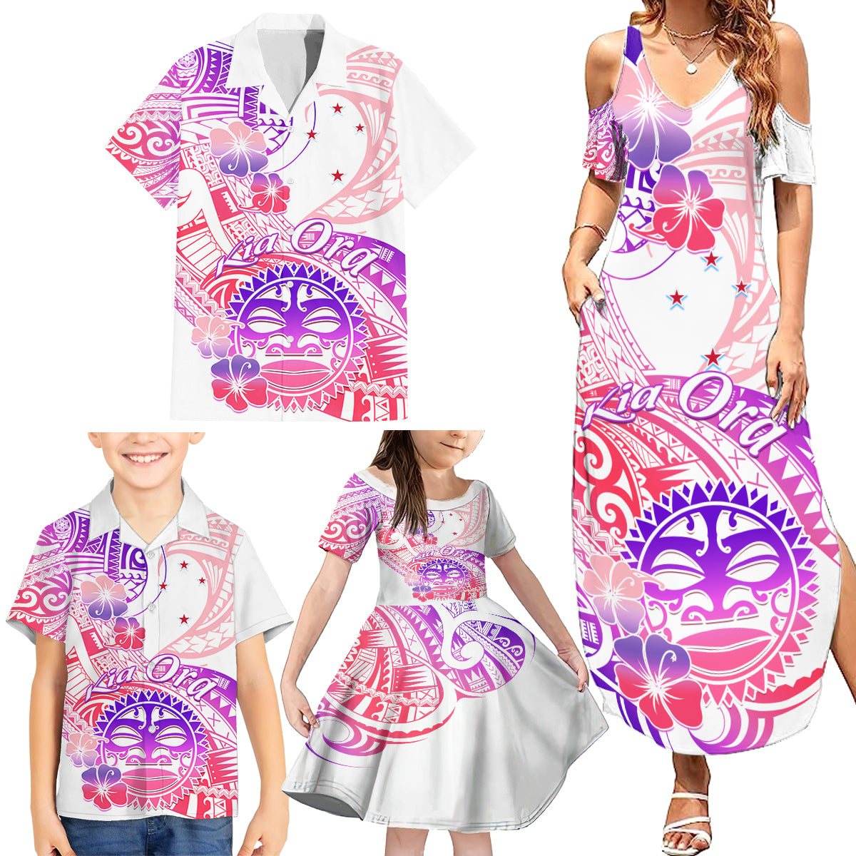 Kia Ora Maori New Zealand Pastel Family Matching Summer Maxi Dress and Hawaiian Shirt Sun Ta Moko Sweet Version LT01 - Polynesian Pride