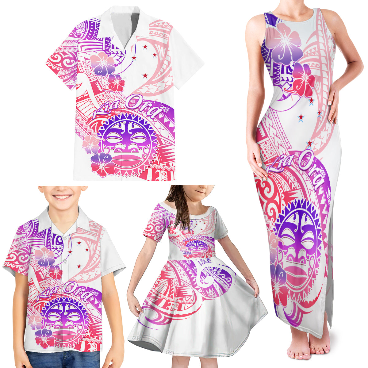 Kia Ora Maori New Zealand Pastel Family Matching Tank Maxi Dress and Hawaiian Shirt Sun Ta Moko Sweet Version LT01 - Polynesian Pride