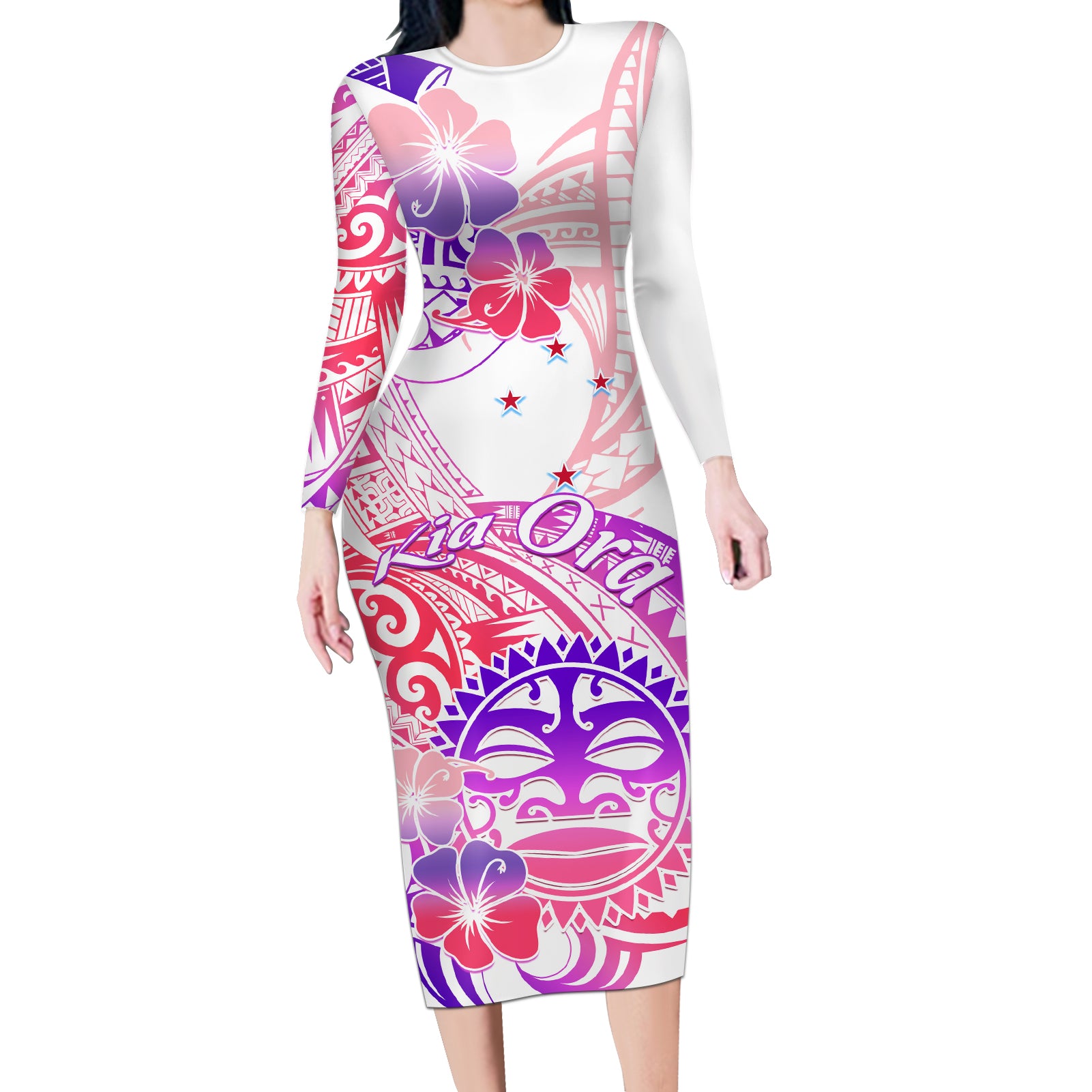 Kia Ora Maori New Zealand Pastel Long Sleeve Bodycon Dress Sun Ta Moko Sweet Version LT01 Long Dress Pink - Polynesian Pride