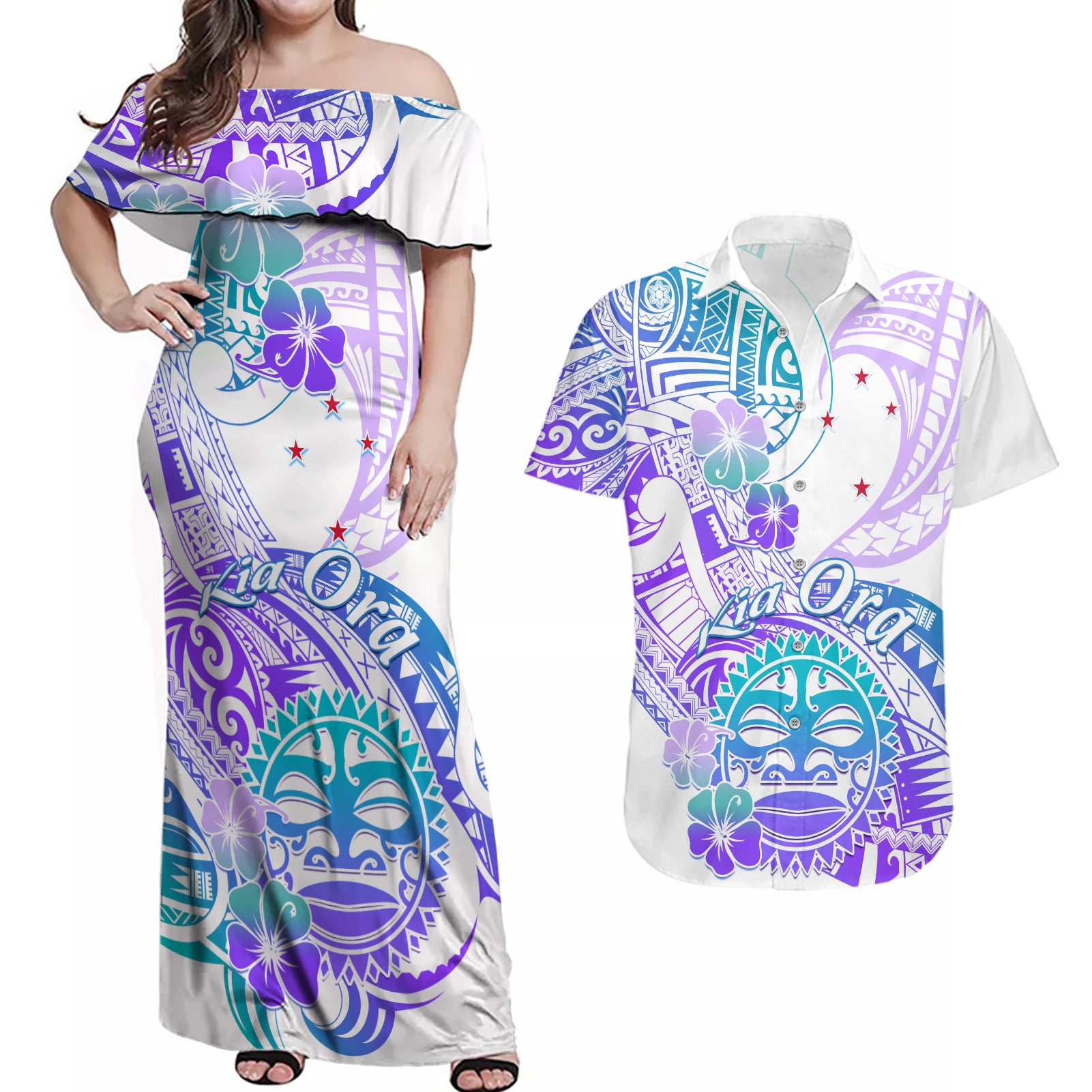 Kia Ora Maori New Zealand Pastel Couples Matching Off Shoulder Maxi Dress and Hawaiian Shirt Sun Ta Moko Violet Version LT01 Purple - Polynesian Pride