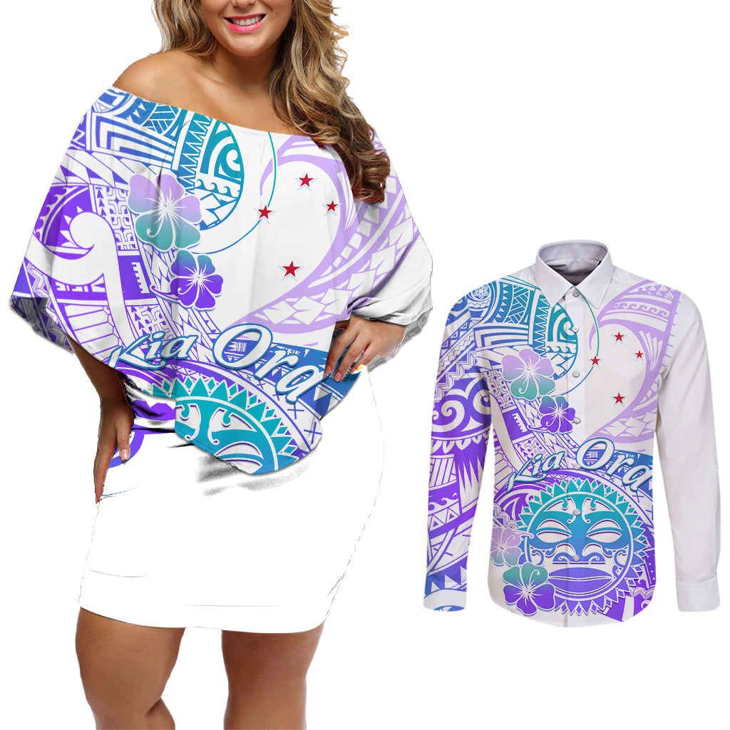 Kia Ora Maori New Zealand Pastel Couples Matching Off Shoulder Short Dress and Long Sleeve Button Shirt Sun Ta Moko Violet Version LT01 Purple - Polynesian Pride