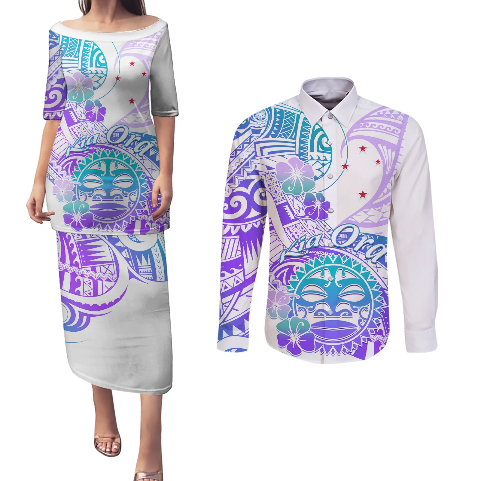 Kia Ora Maori New Zealand Pastel Couples Matching Puletasi Dress and Long Sleeve Button Shirt Sun Ta Moko Violet Version LT01 Purple - Polynesian Pride