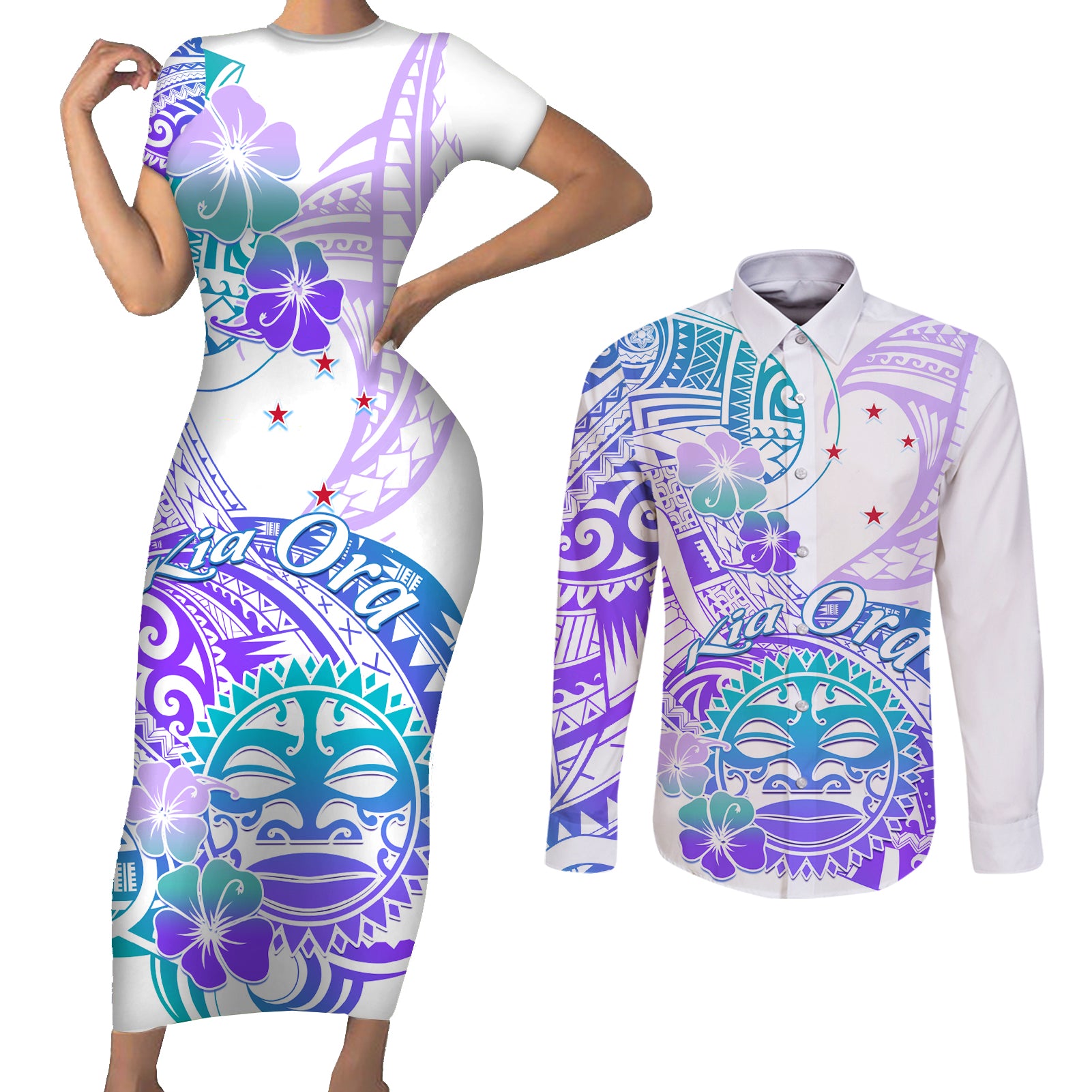 Kia Ora Maori New Zealand Pastel Couples Matching Short Sleeve Bodycon Dress and Long Sleeve Button Shirt Sun Ta Moko Violet Version LT01 Purple - Polynesian Pride