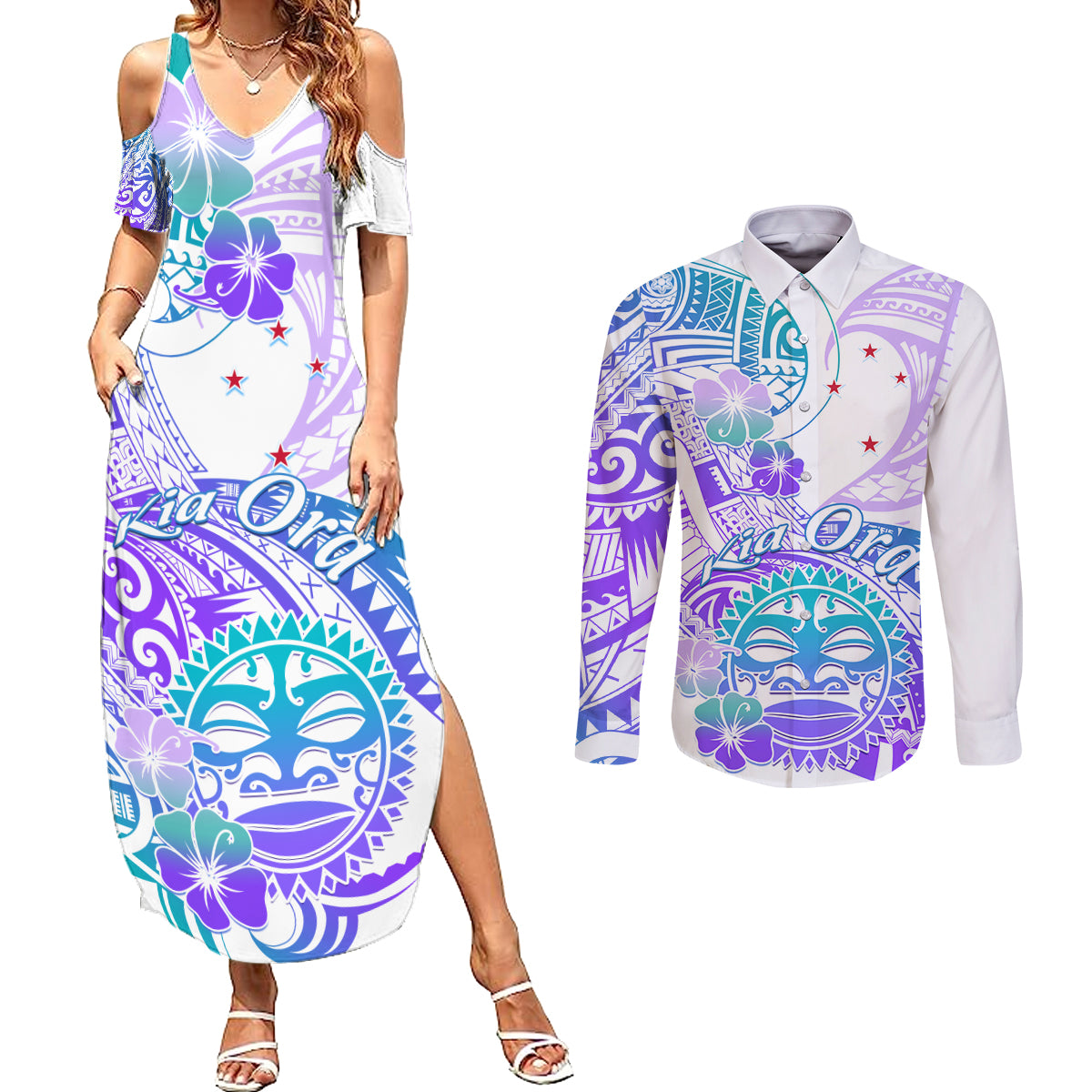 Kia Ora Maori New Zealand Pastel Couples Matching Summer Maxi Dress and Long Sleeve Button Shirt Sun Ta Moko Violet Version LT01 Purple - Polynesian Pride