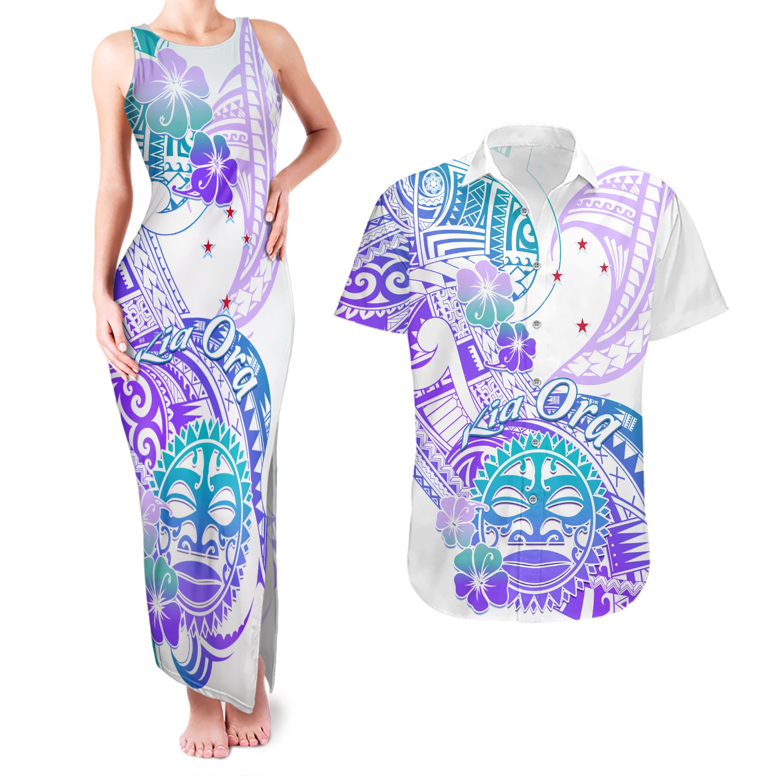 Kia Ora Maori New Zealand Pastel Couples Matching Tank Maxi Dress and Hawaiian Shirt Sun Ta Moko Violet Version LT01 Purple - Polynesian Pride