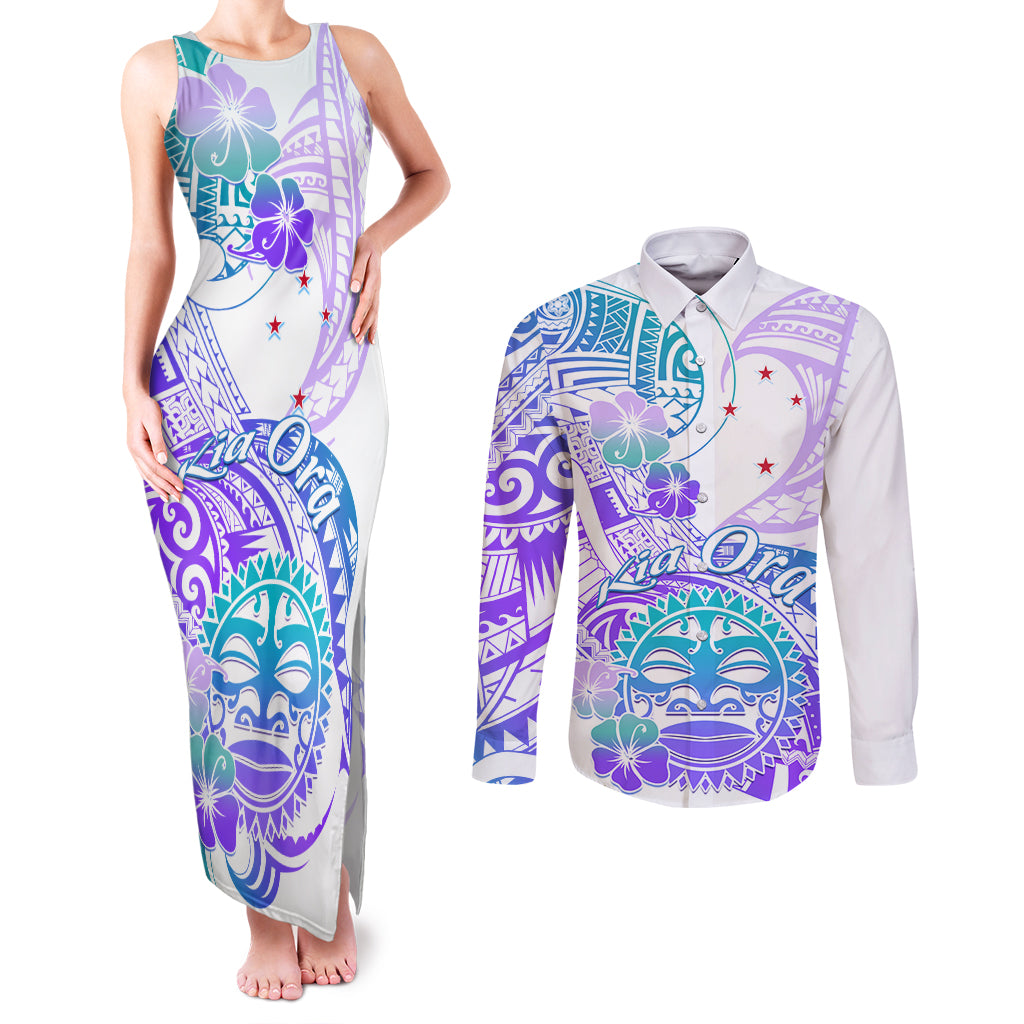 Kia Ora Maori New Zealand Pastel Couples Matching Tank Maxi Dress and Long Sleeve Button Shirt Sun Ta Moko Violet Version LT01 Purple - Polynesian Pride