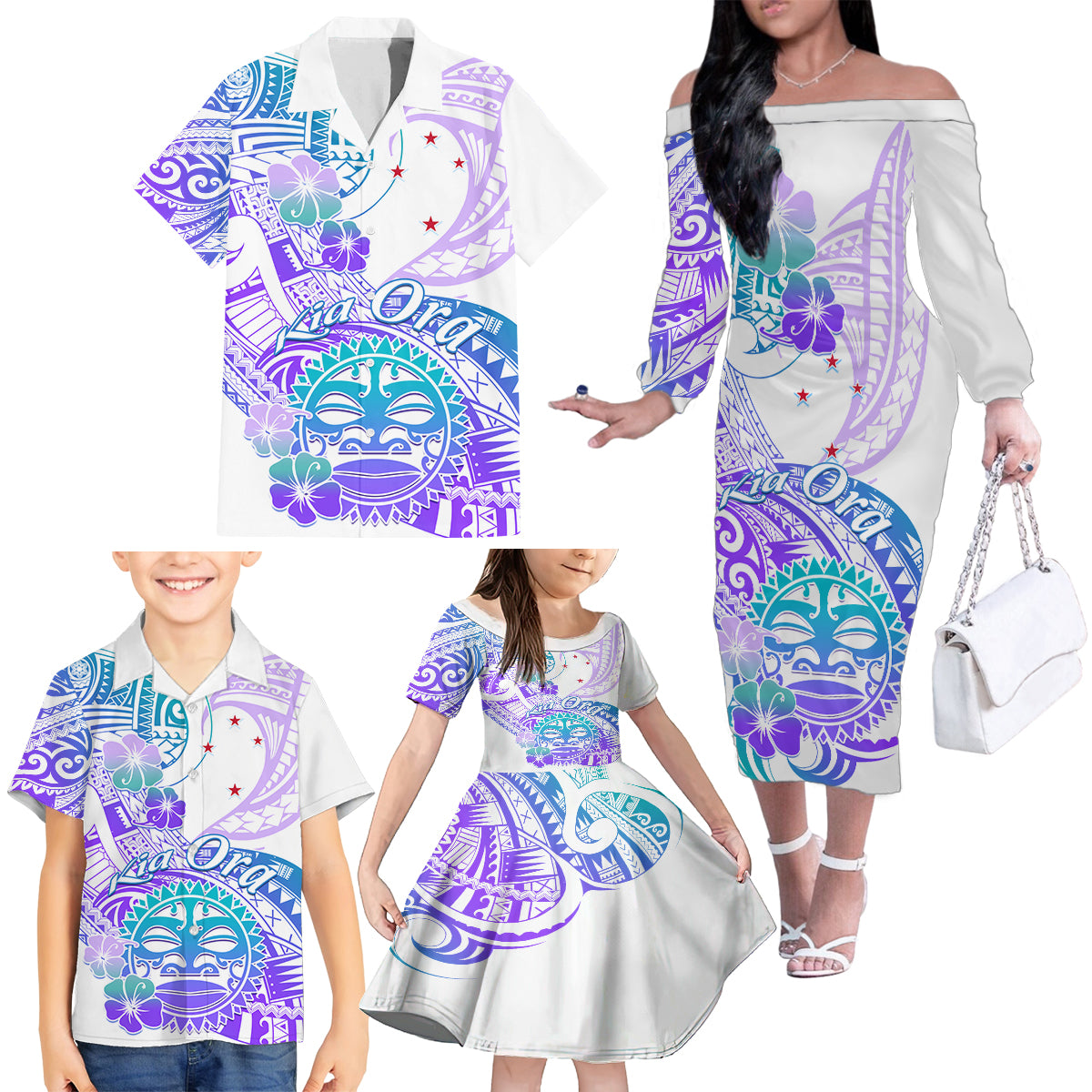 Kia Ora Maori New Zealand Pastel Family Matching Off Shoulder Long Sleeve Dress and Hawaiian Shirt Sun Ta Moko Violet Version LT01 - Polynesian Pride