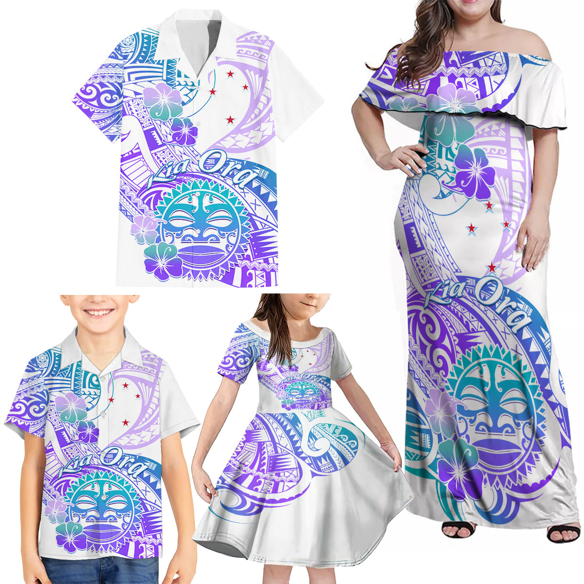 Kia Ora Maori New Zealand Pastel Family Matching Off Shoulder Maxi Dress and Hawaiian Shirt Sun Ta Moko Violet Version LT01 - Polynesian Pride