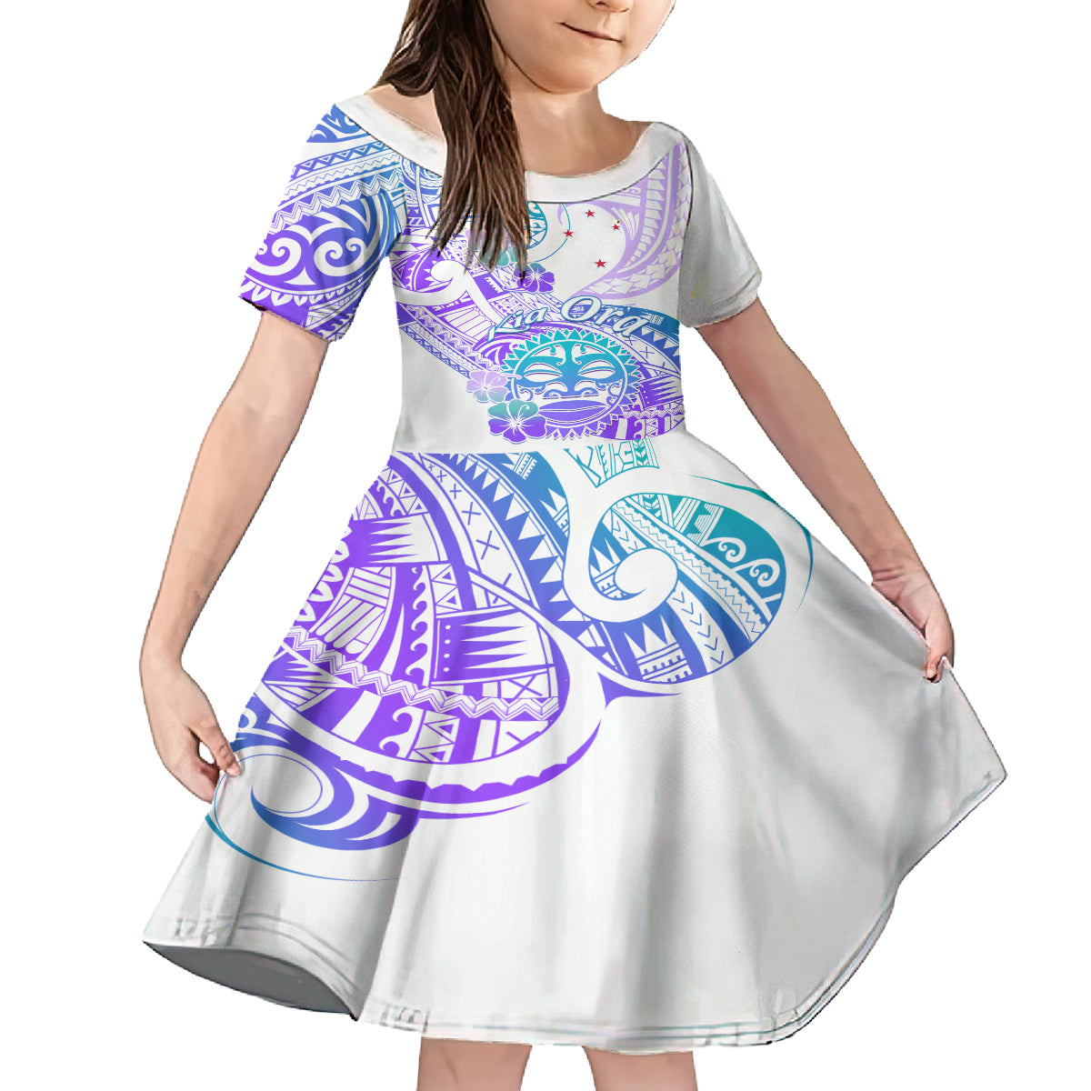 Kia Ora Maori New Zealand Pastel Family Matching Puletasi Dress and Hawaiian Shirt Sun Ta Moko Violet Version LT01 Daughter's Dress Purple - Polynesian Pride