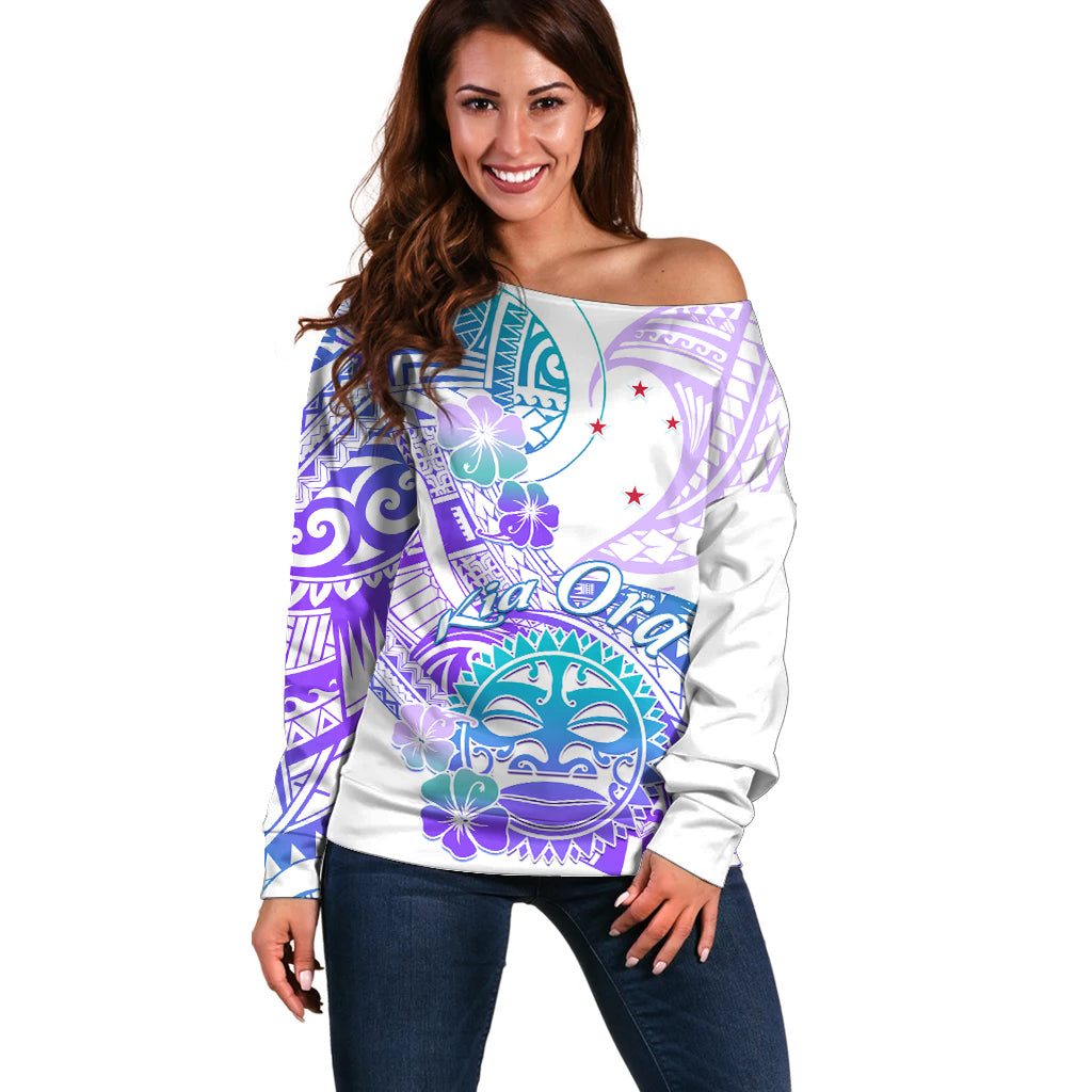 Kia Ora Maori New Zealand Pastel Off Shoulder Sweater Sun Ta Moko Violet Version LT01 Women Purple - Polynesian Pride