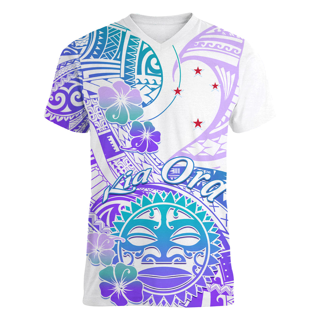 Kia Ora Maori New Zealand Pastel Women V Neck T Shirt Sun Ta Moko Violet Version LT01 Female Purple - Polynesian Pride