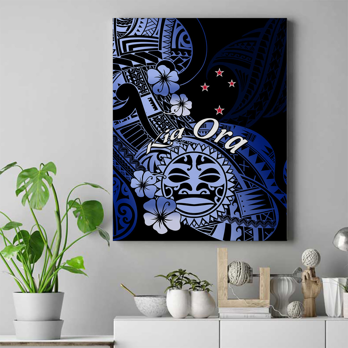 Aotearoa Kia Ora New Zealand Ta Moko Blue Version Canvas Wall Art LT01 Blue - Polynesian Pride