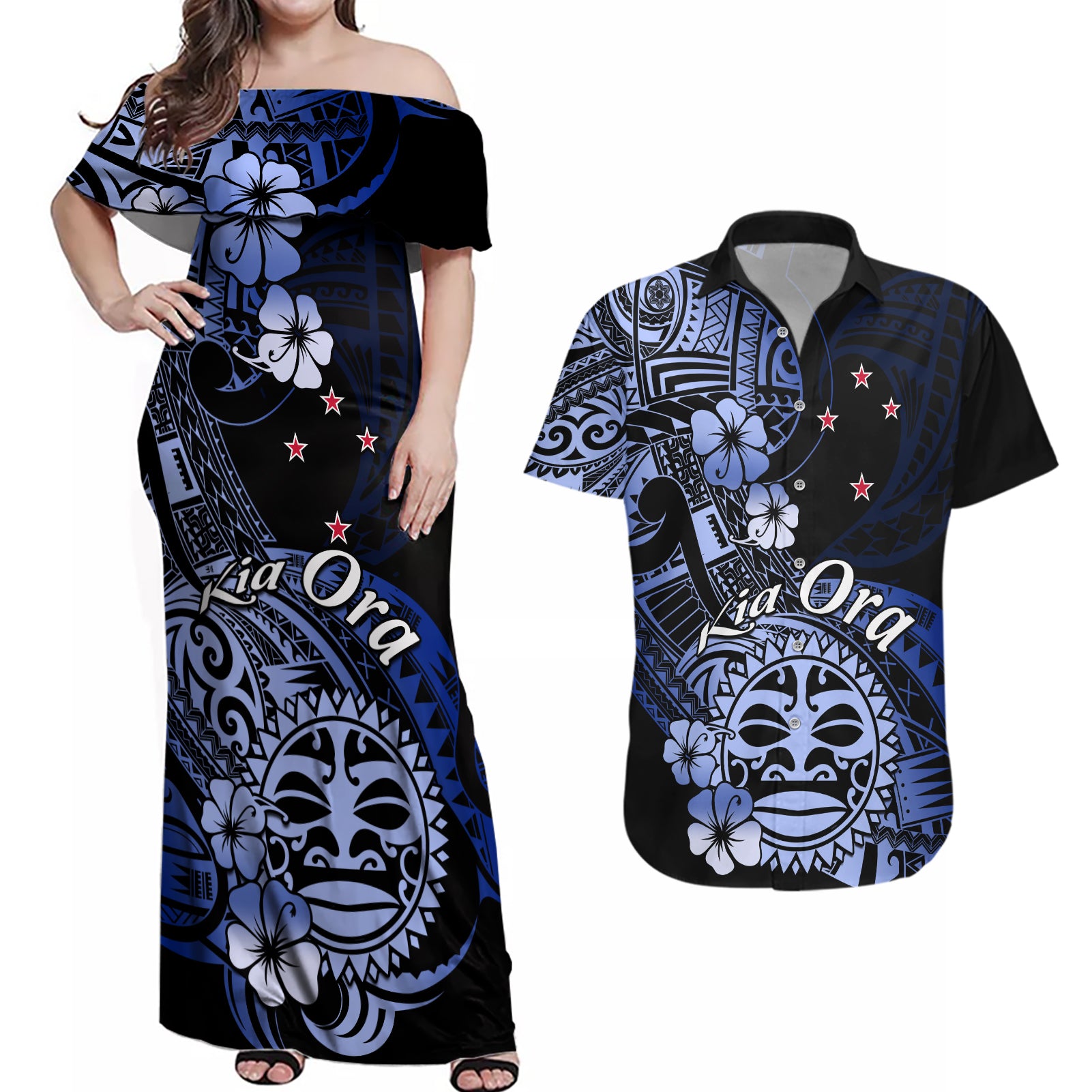 Aotearoa Kia Ora New Zealand Ta Moko Blue Version Couples Matching Off Shoulder Maxi Dress and Hawaiian Shirt LT01 Blue - Polynesian Pride