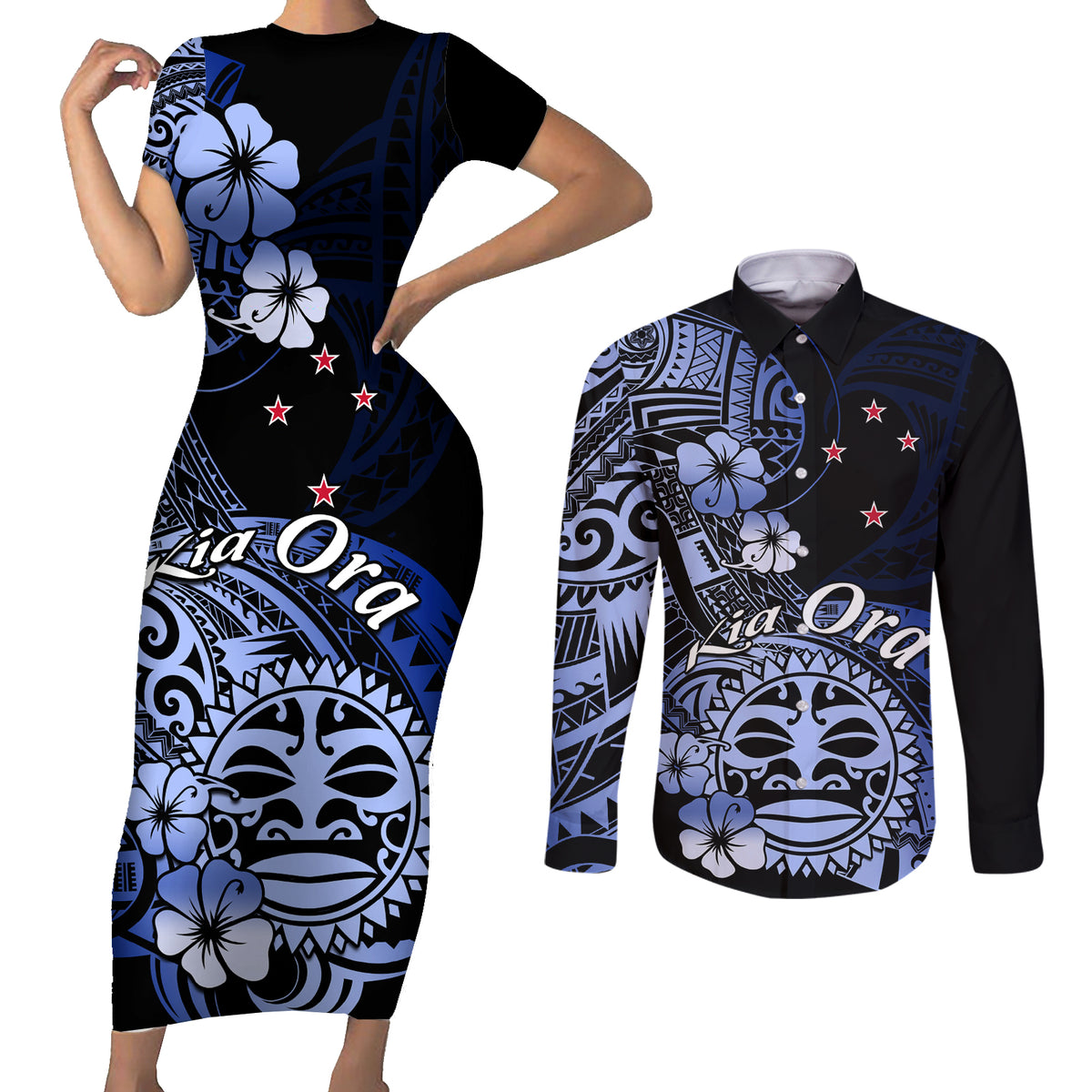 Aotearoa Kia Ora New Zealand Ta Moko Blue Version Couples Matching Short Sleeve Bodycon Dress and Long Sleeve Button Shirt LT01 Blue - Polynesian Pride