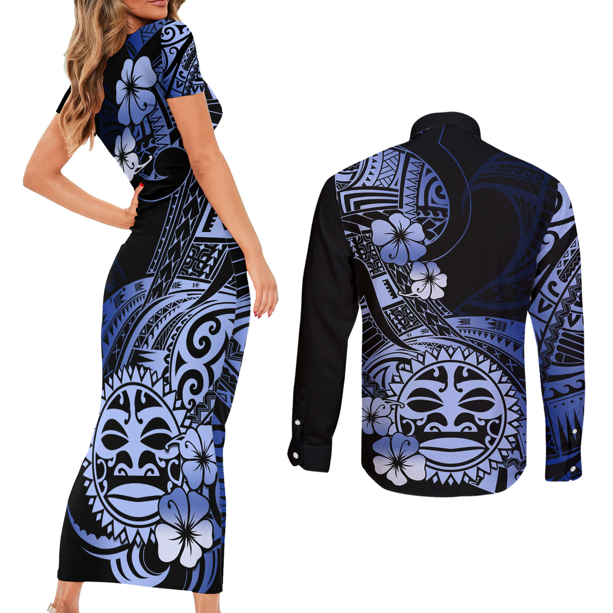 Aotearoa Kia Ora New Zealand Ta Moko Blue Version Couples Matching Short Sleeve Bodycon Dress and Long Sleeve Button Shirt LT01 - Polynesian Pride