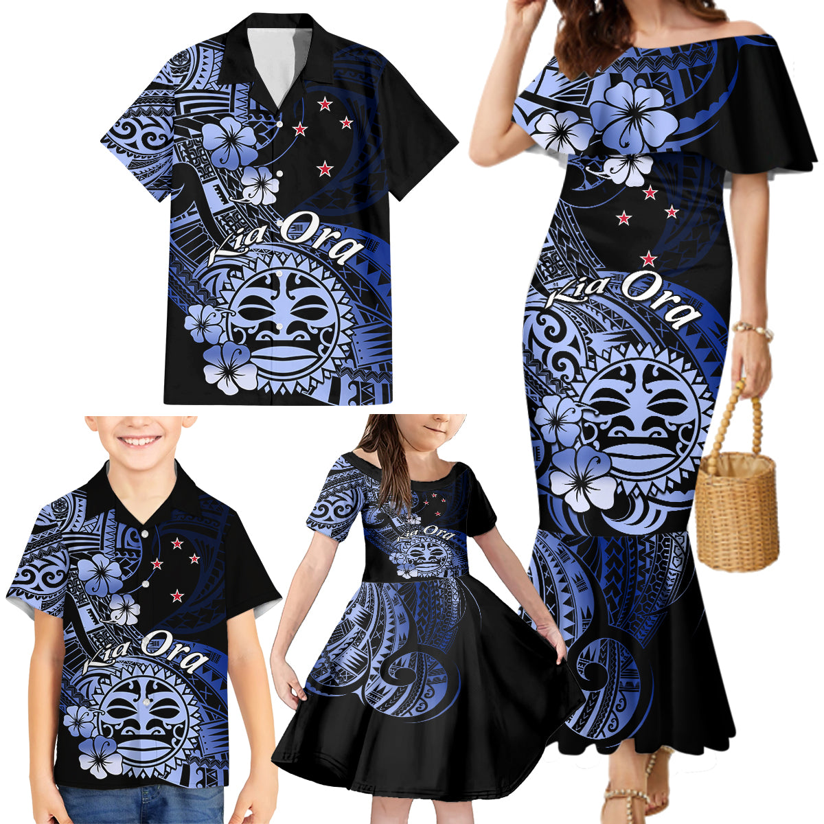 Aotearoa Kia Ora New Zealand Ta Moko Blue Version Family Matching Mermaid Dress and Hawaiian Shirt LT01 - Polynesian Pride