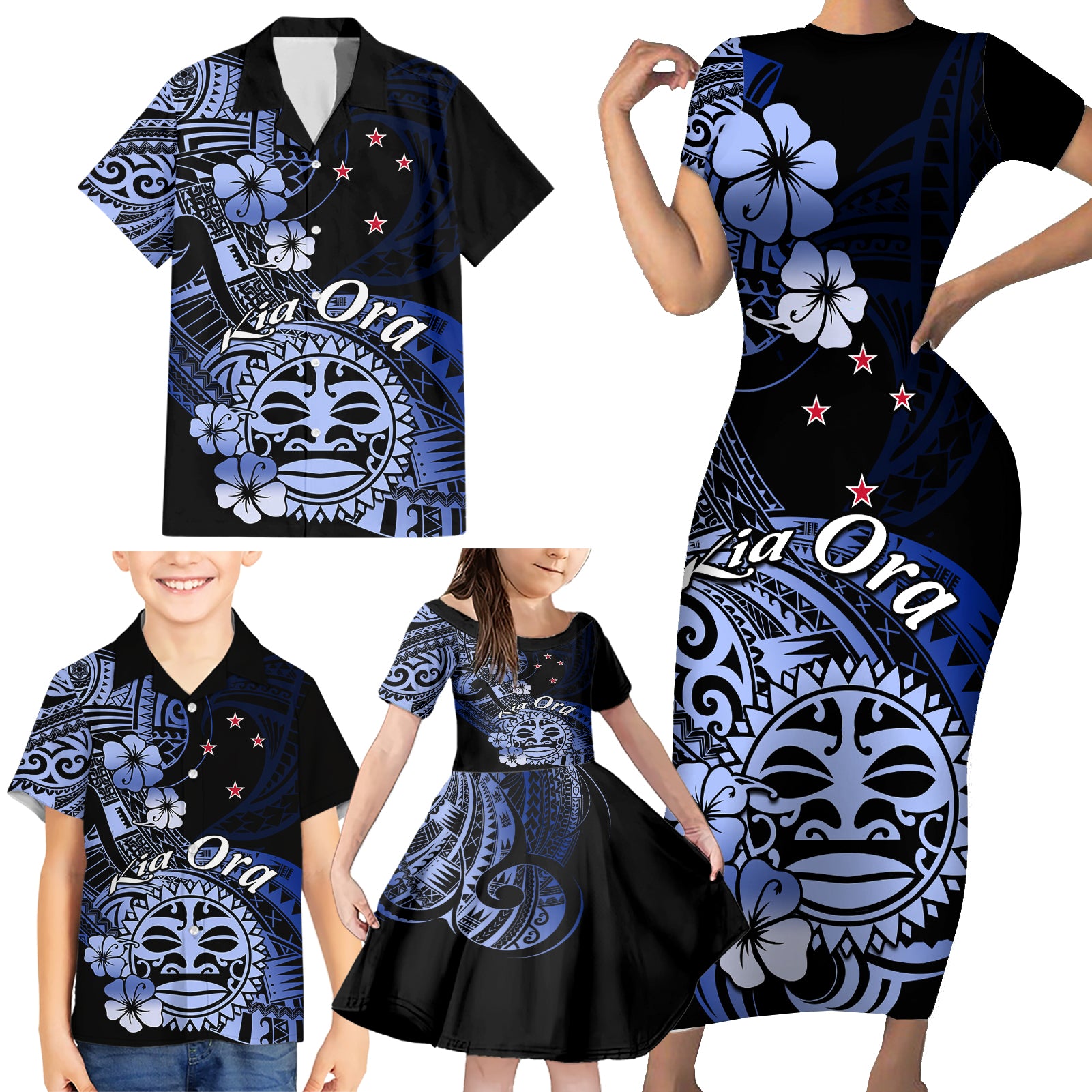 Aotearoa Kia Ora New Zealand Ta Moko Blue Version Family Matching Short Sleeve Bodycon Dress and Hawaiian Shirt LT01 - Polynesian Pride