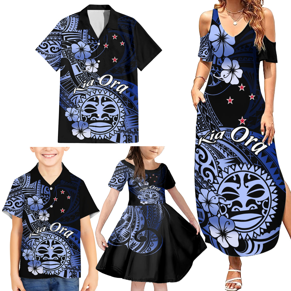 Aotearoa Kia Ora New Zealand Ta Moko Blue Version Family Matching Summer Maxi Dress and Hawaiian Shirt LT01 - Polynesian Pride