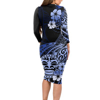 Aotearoa Kia Ora New Zealand Ta Moko Blue Version Long Sleeve Bodycon Dress LT01 - Polynesian Pride