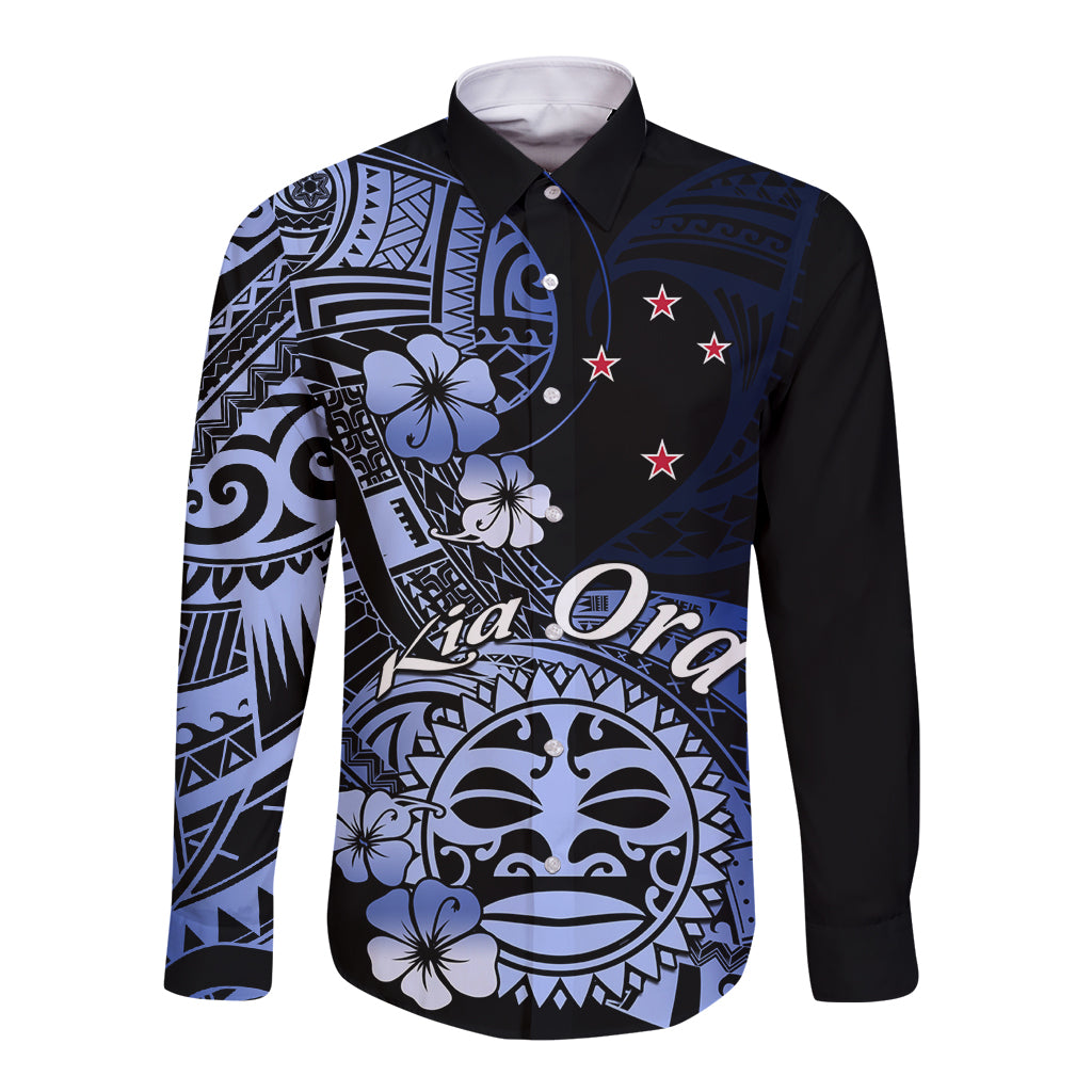 Aotearoa Kia Ora New Zealand Ta Moko Blue Version Long Sleeve Button Shirt LT01 Unisex Blue - Polynesian Pride