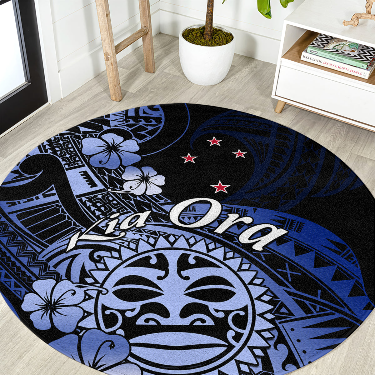 Aotearoa Kia Ora New Zealand Ta Moko Blue Version Round Carpet LT01 Blue - Polynesian Pride